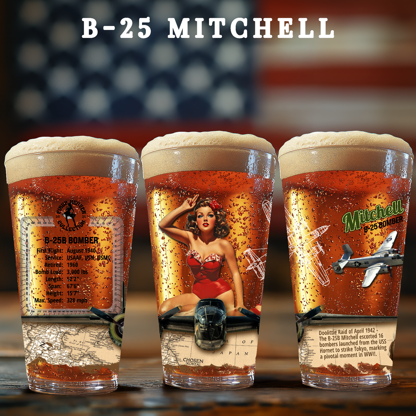 Vintage Military Pint, WWII B-25B Mitchell Bomber Plane & PinUp Art Gift for Collectors, Pilot, Fathers Day, Aviation Decor, 16oz Beer Glass