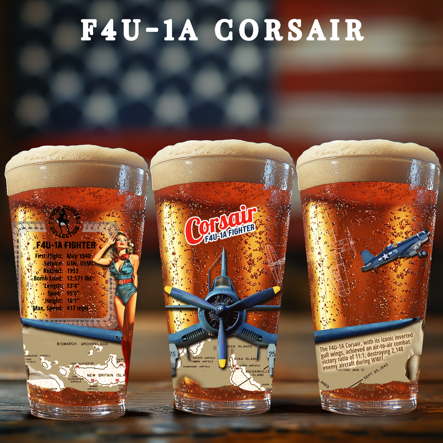 Vintage Military Pint, WWII F4U-1A Corsair Fighter Plane PinUp Art Gift for Collectors, Pilot, Fathers Day , Aviation Decor, 16oz Beer Glass