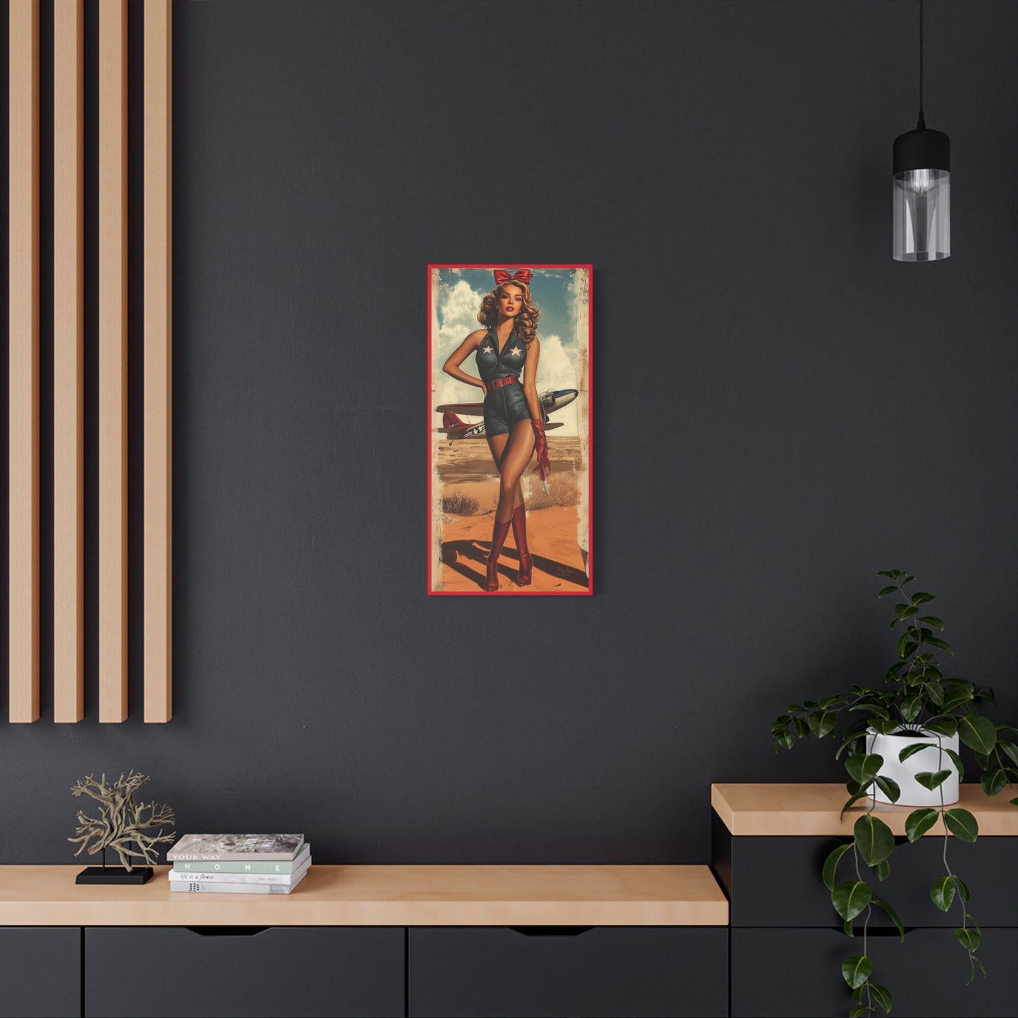 Vintage Patriotic Pin-Up Canvas Art "Red Tails Tribute": Retro WWII Military Aviation Wall Decor, Veteran Gifts, USA Decor, Pilot Gifts
