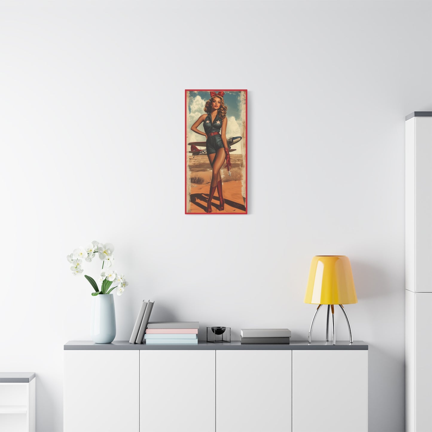 Vintage Patriotic Pin-Up Canvas Art "Red Tails Tribute": Retro WWII Military Aviation Wall Decor, Veteran Gifts, USA Decor, Pilot Gifts