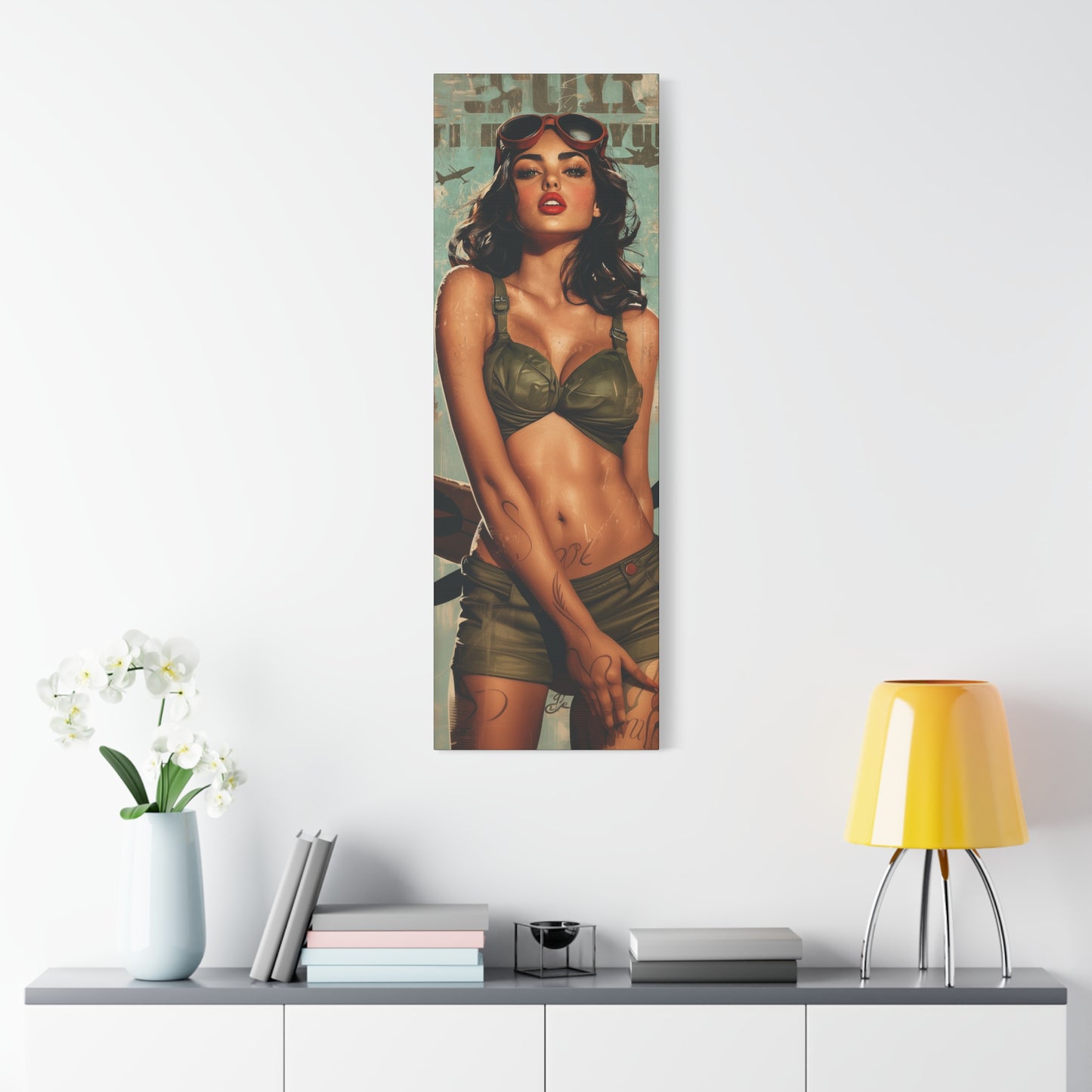Vintage PinUp Art Canvas Wall Art "Battlefield Beauty" Patriotic WWII Aviation Wall Art, Retro Military Decor, Man Cave Decor USA Home Decor