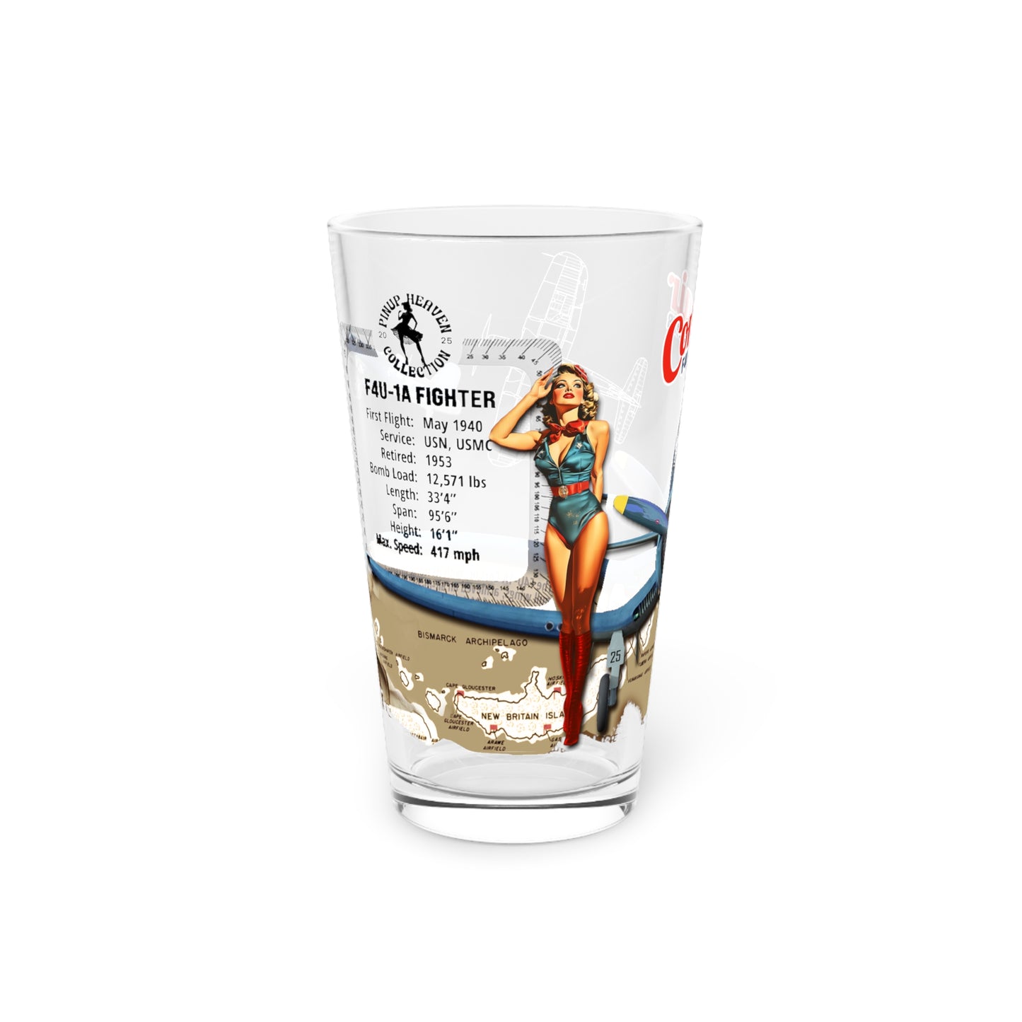 Vintage Military Pint, WWII F4U-1A Corsair Fighter Plane PinUp Art Gift for Collectors, Pilot, Fathers Day , Aviation Decor, 16oz Beer Glass