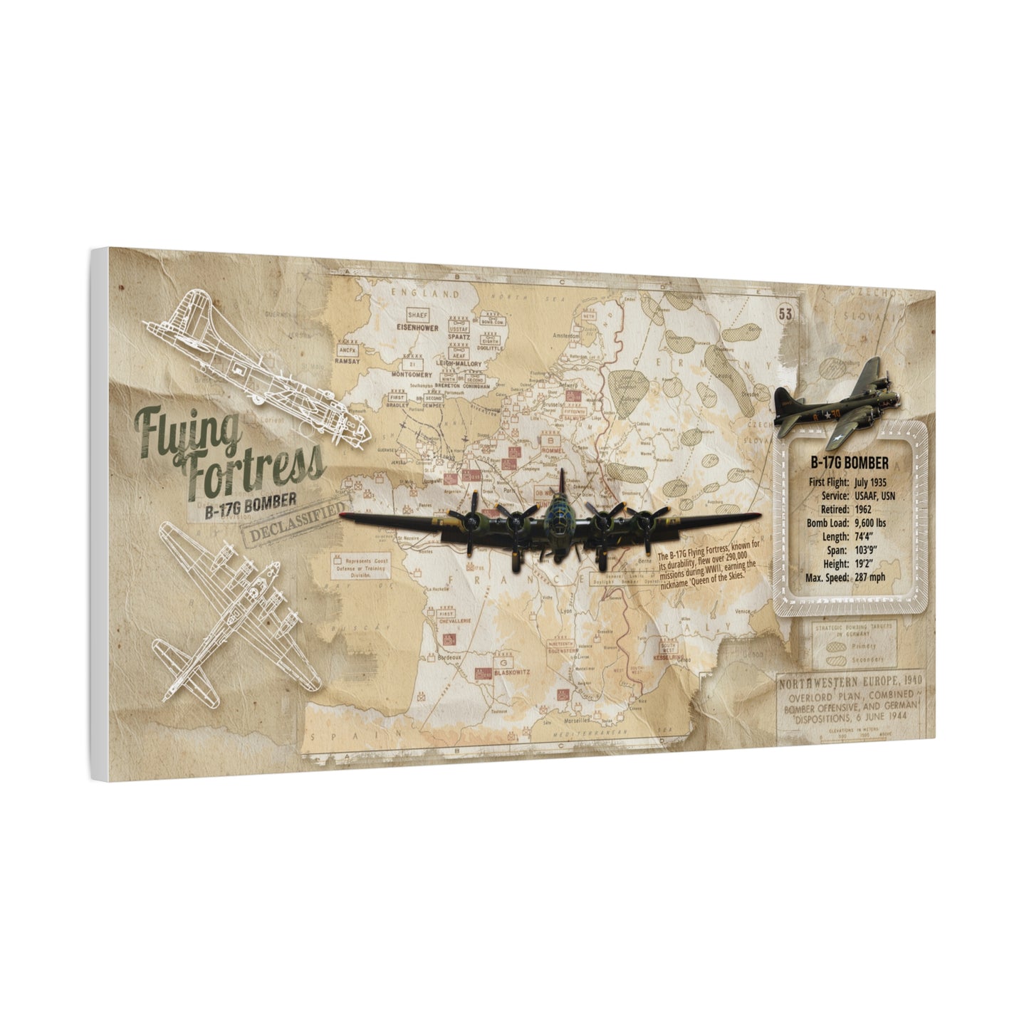 Vintage Aviation Wall Decor, Retro WWII Canvas "B-17 Bomber Aircraft" USA Decor, Veteran Pilot Gifts, Patriotic Print, Man Cave Decor