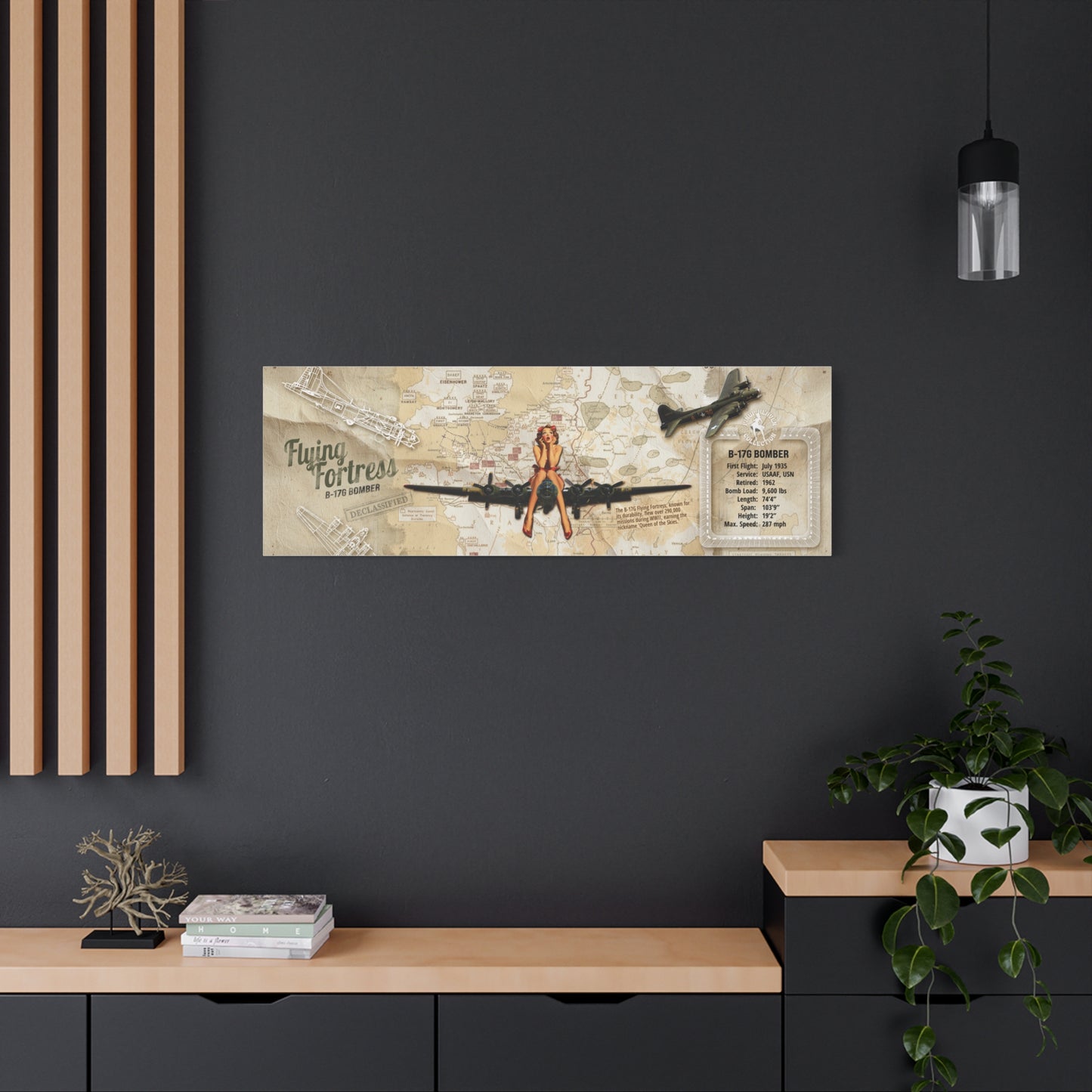 Vntage Aviation Wall Decor, Retro WWII Pin-Up Canvas Art "B-29 Superfortress" Patriotic Poster, USA Decor, Veteran Pilot Gifts