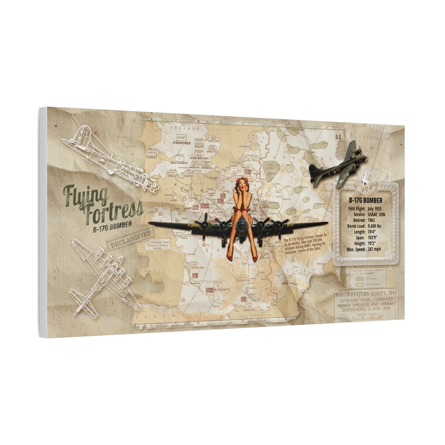 Vntage Aviation Wall Decor, Retro WWII Pin-Up Canvas Art "B-29 Superfortress" Patriotic Poster, USA Decor, Veteran Pilot Gifts