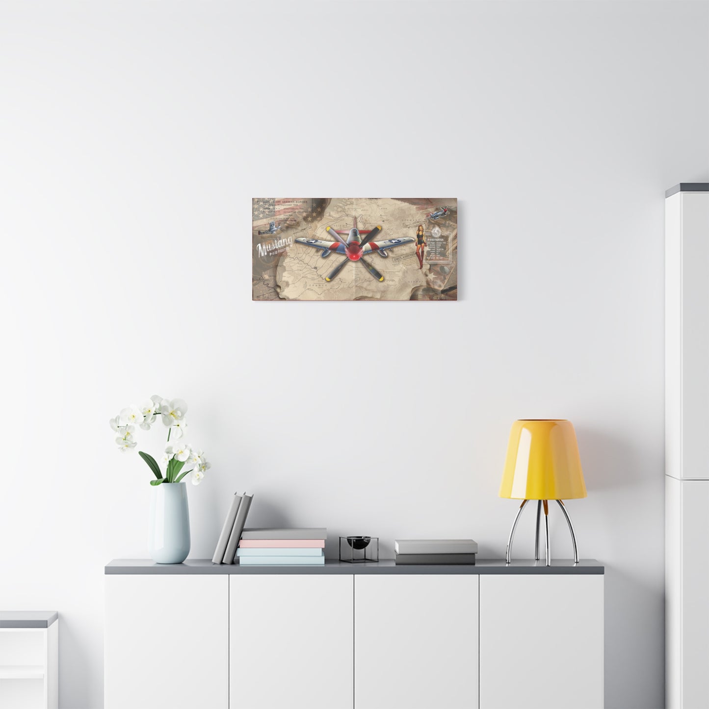 Vintage P-51 Mustang Pin-Up Canvas Art , WWII Aviation Wall Art, Patriotic Military Decor, Man Cave Decor, Pilot Gifts, USA Retro Home Decor