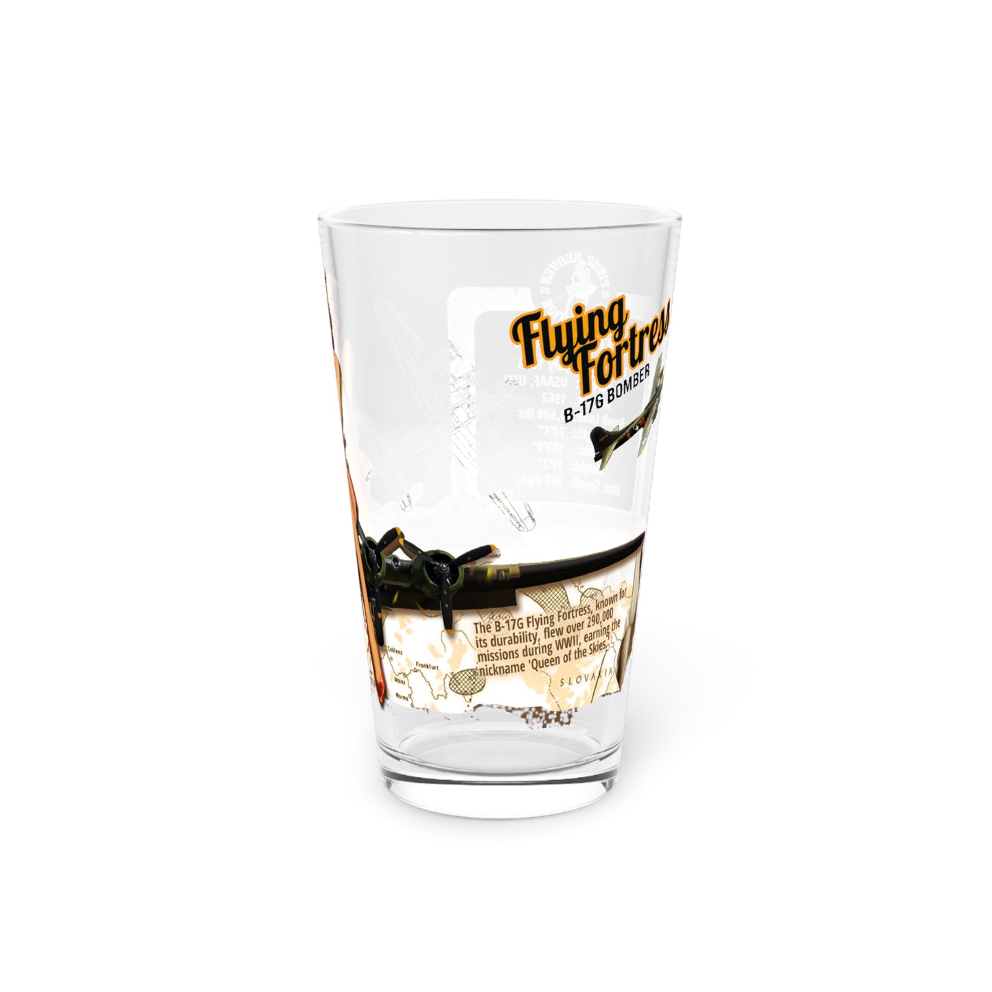 Vintage Military Pint, WWII B17 Flying Fortress Bomber Plane & PinUp Art Barware Pilot Collectors Gift, Aviation Decor, 16oz Beer Glass