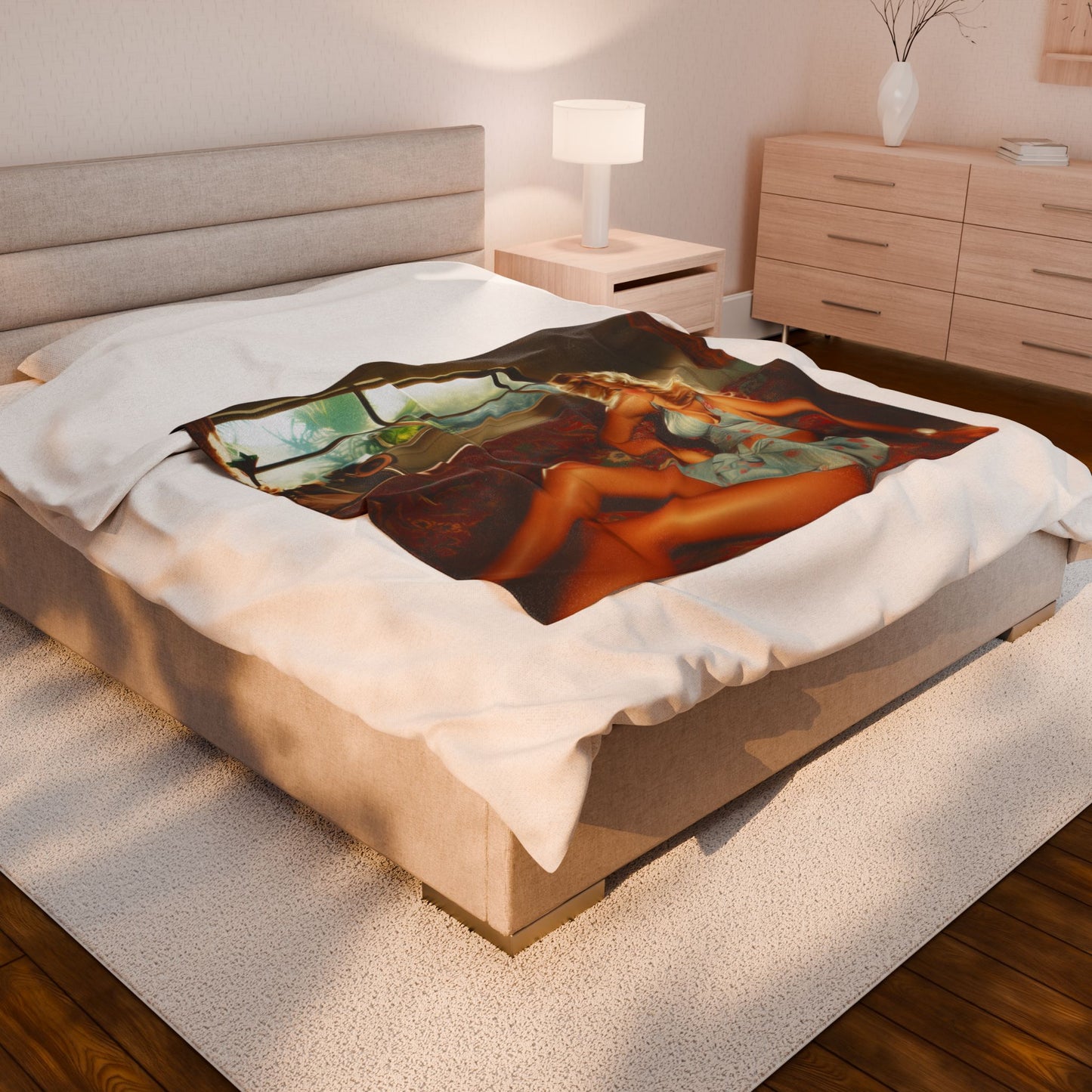 Velveteen Plush Blanket, Sunset Siren Vintage Pin-Up, Retro Glamour Throw, Cozy Soft Warmth, Americana Decor, Surfer Decor, Man Cave Decor