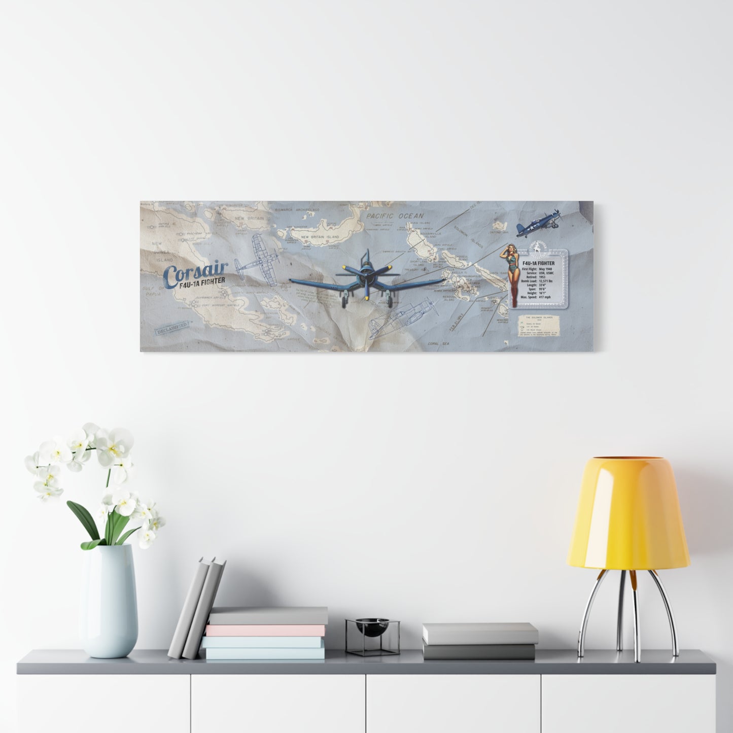 Vintage F4U Corsair Pin-Up Canvas Art, WWII Aviation Wall Art, Patriotic Military Decor, Man Cave Decor, Pilot Gifts, USA Home Decor, Retro