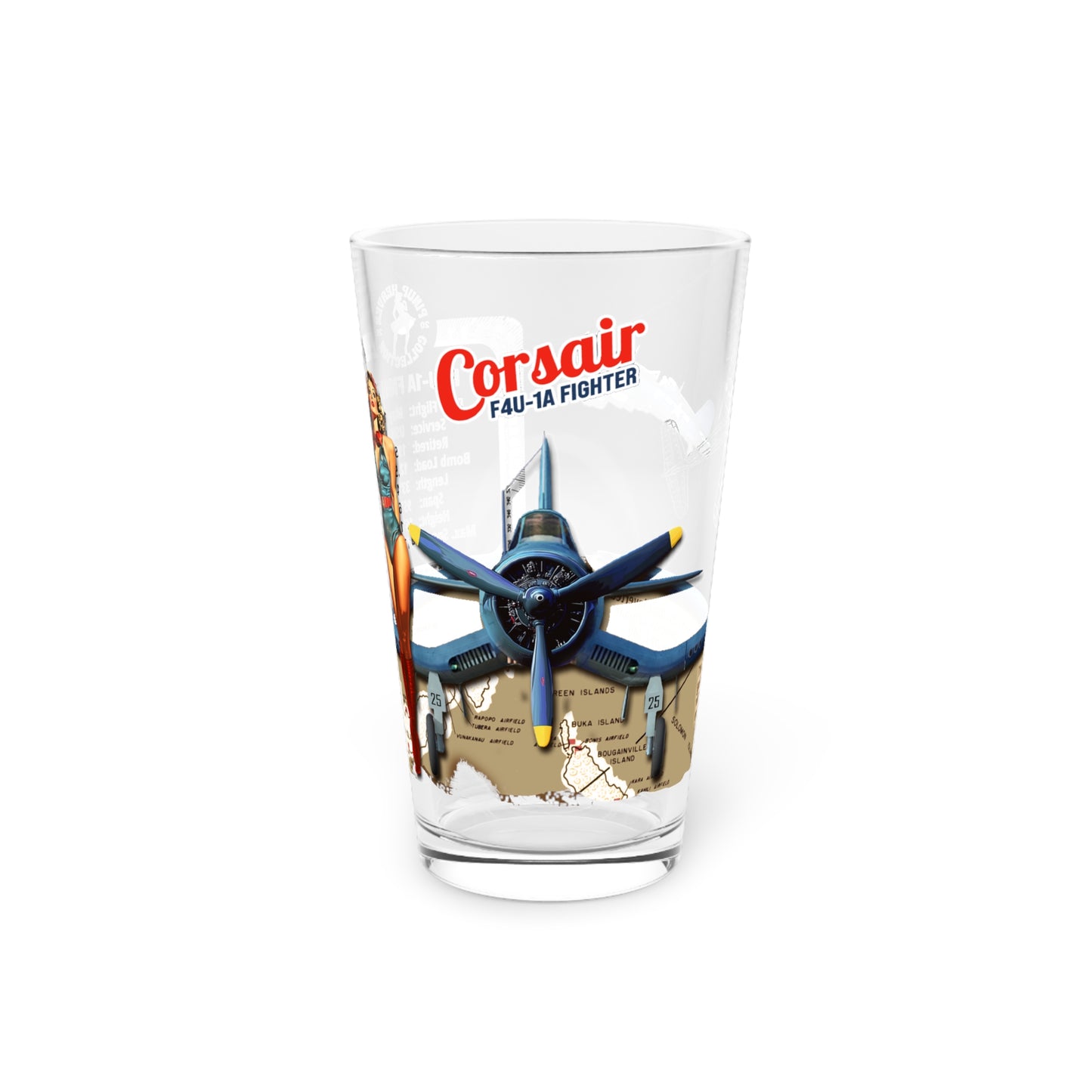 Vintage Military Pint, WWII F4U-1A Corsair Fighter Plane PinUp Art Gift for Collectors, Pilot, Fathers Day , Aviation Decor, 16oz Beer Glass