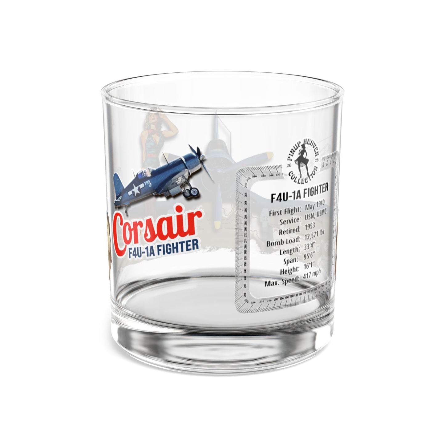 Whiskey Glass, Vintage WWII F4U Corsair Aviation Gift, Bourbon Old Fashion, Man Cave, Military Veteran Pilot Retirement Gift for Him 10oz