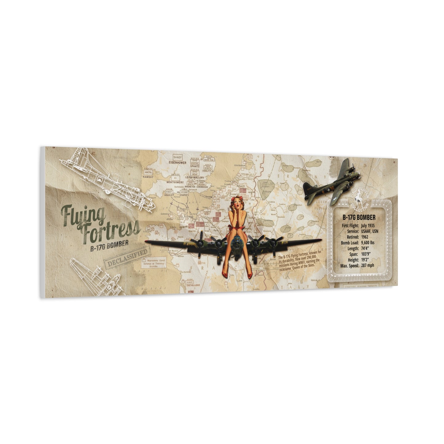 Vntage Aviation Wall Decor, Retro WWII Pin-Up Canvas Art "B-29 Superfortress" Patriotic Poster, USA Decor, Veteran Pilot Gifts