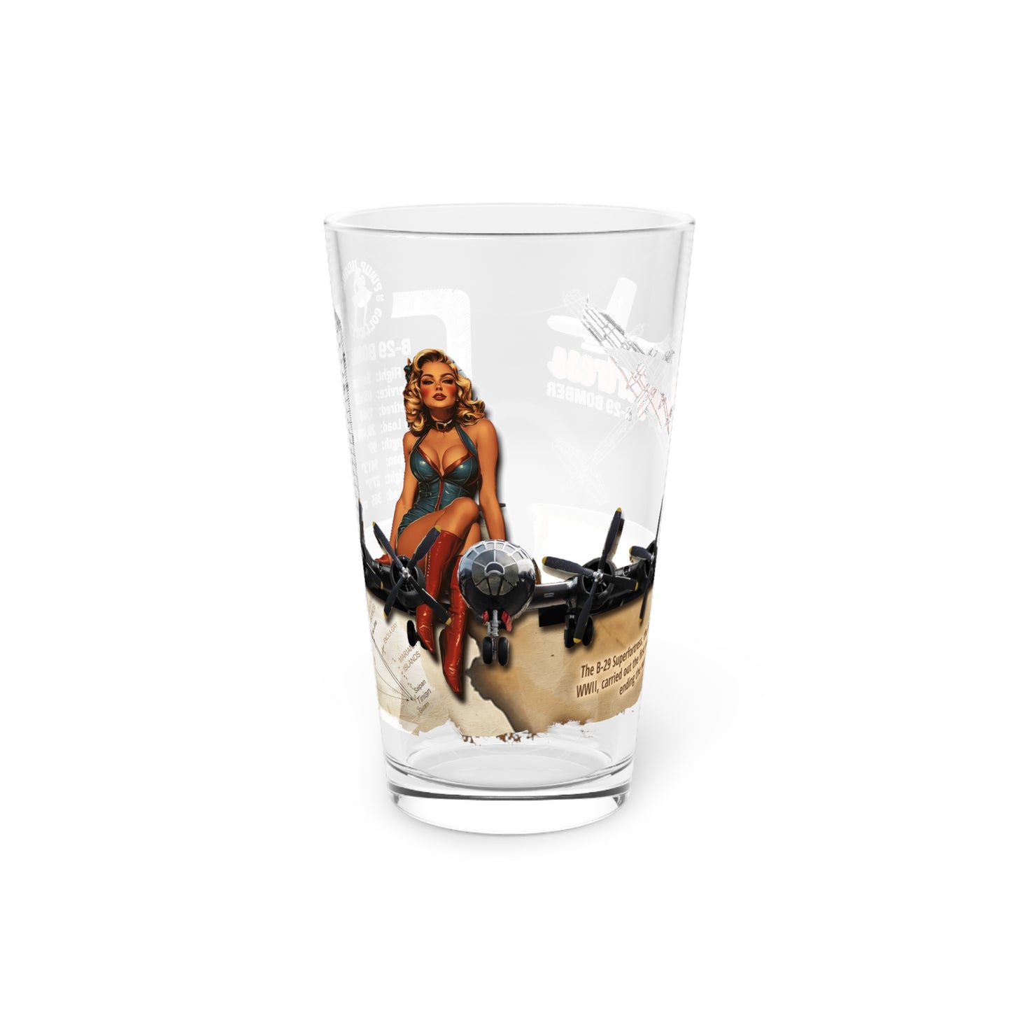 Vintage Military Pint, WWII B-29 Superfortress Bomber Plane & PinUp Art Gift for Collectors, Fathers Day, Aviation Decor, 16oz Beer Glass