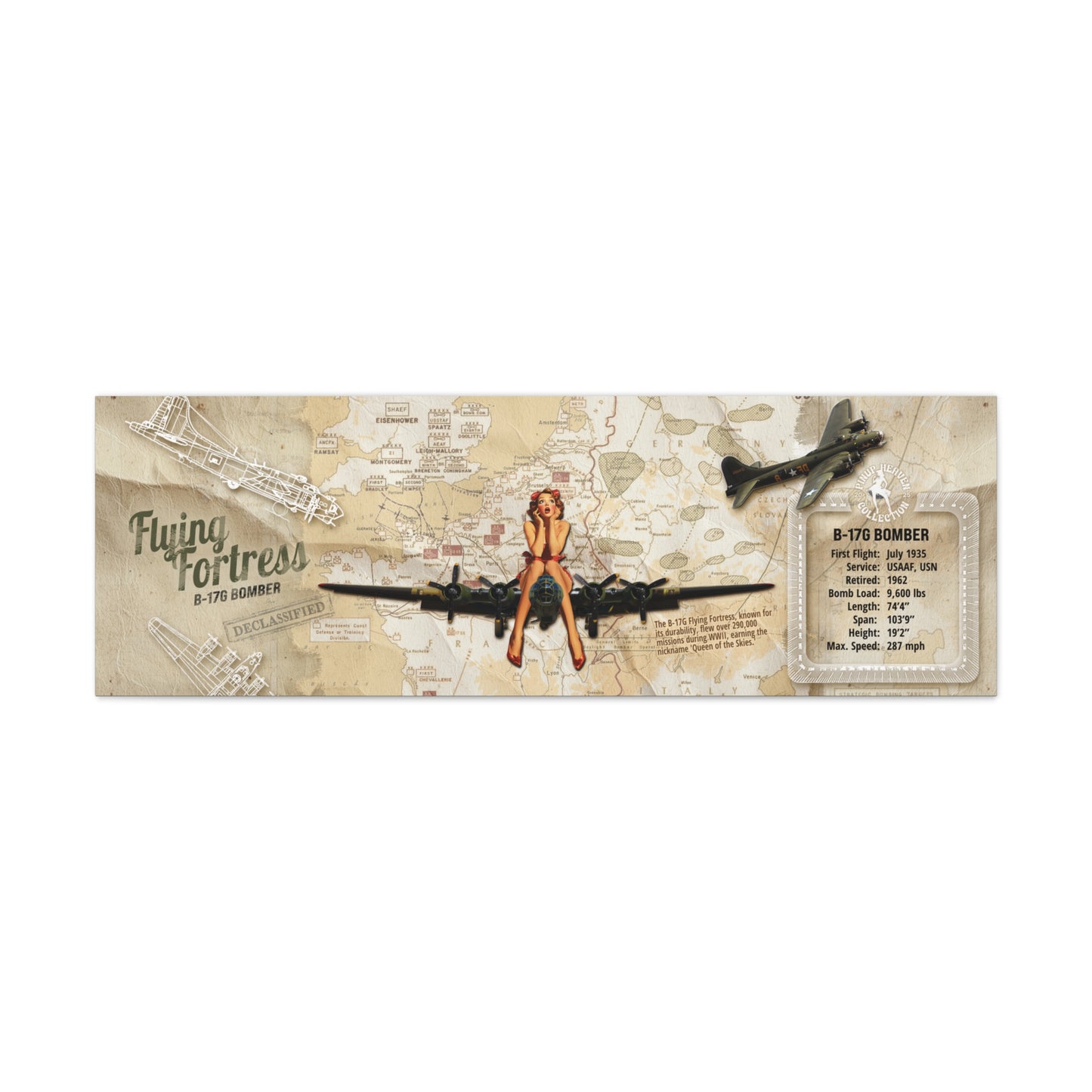 Vntage Aviation Wall Decor, Retro WWII Pin-Up Canvas Art "B-29 Superfortress" Patriotic Poster, USA Decor, Veteran Pilot Gifts