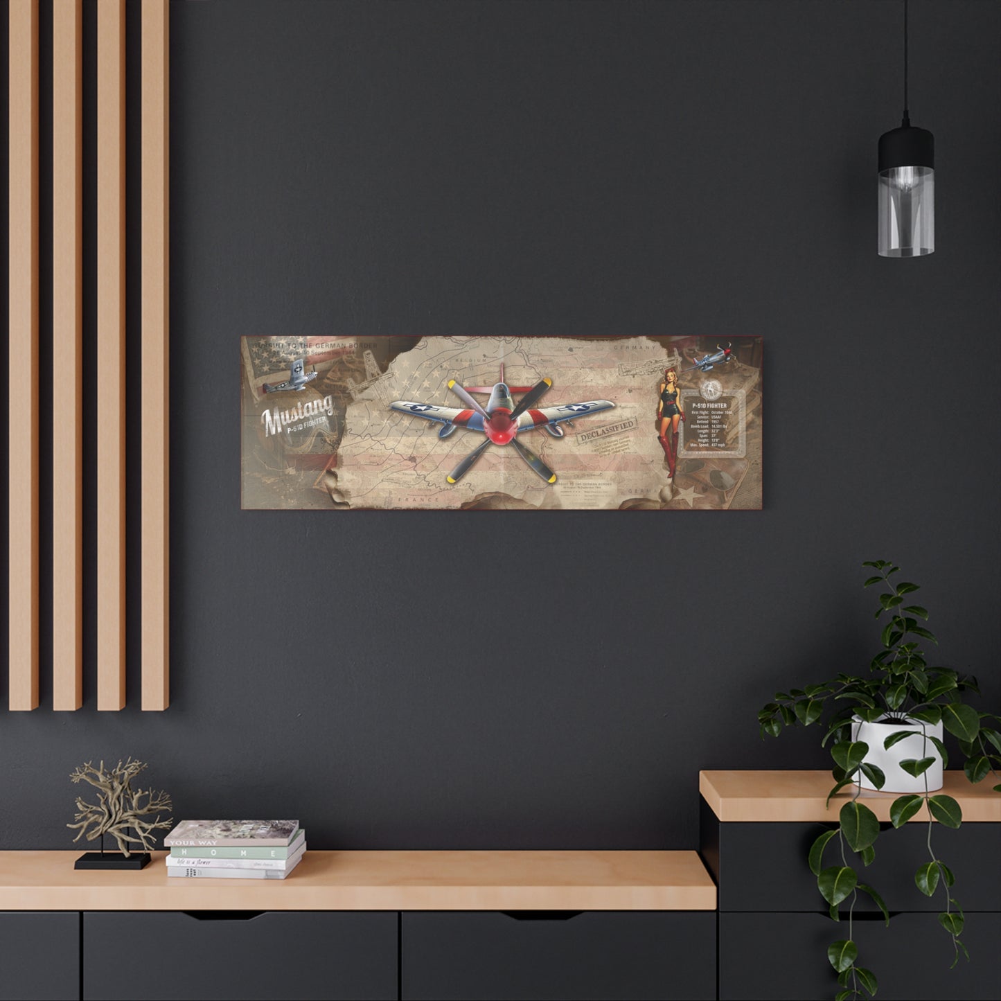 Vintage P-51 Mustang Pin-Up Canvas Art , WWII Aviation Wall Art, Patriotic Military Decor, Man Cave Decor, Pilot Gifts, USA Retro Home Decor