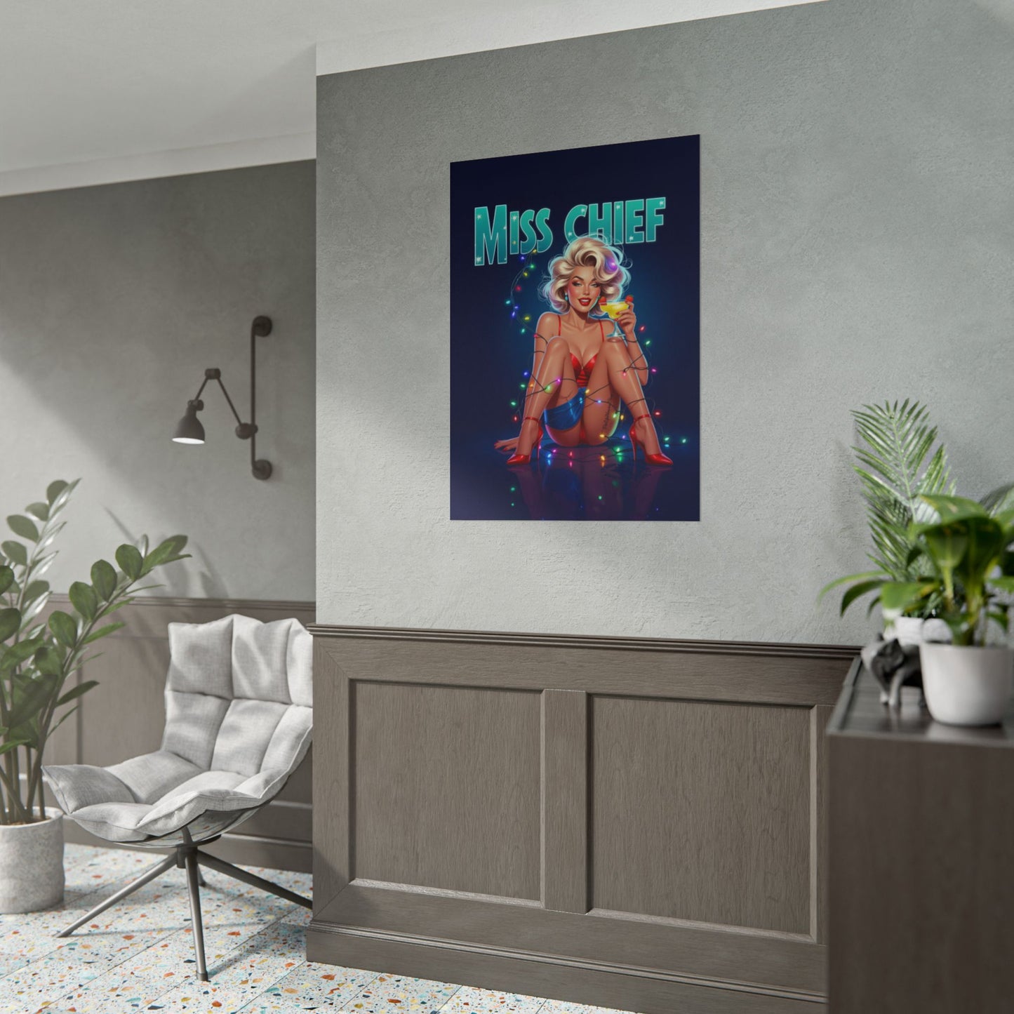 Miss Chief Vintage PinUp Poster, Retro Glam Pin-Up Girl, Holiday Cocktail Mancave Wall Art, Classic 1950s Style Print, Pin Up Heaven