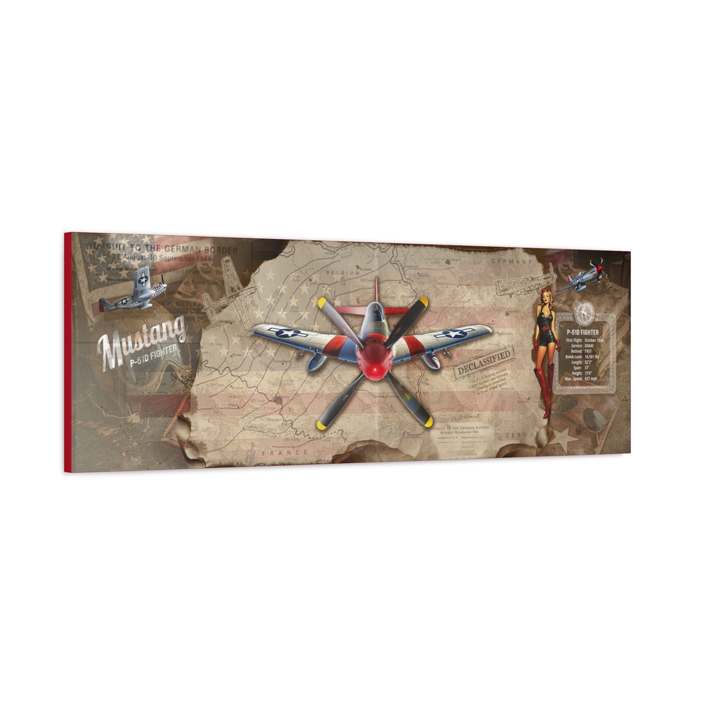 Vintage P-51 Mustang Pin-Up Canvas Art , WWII Aviation Wall Art, Patriotic Military Decor, Man Cave Decor, Pilot Gifts, USA Retro Home Decor