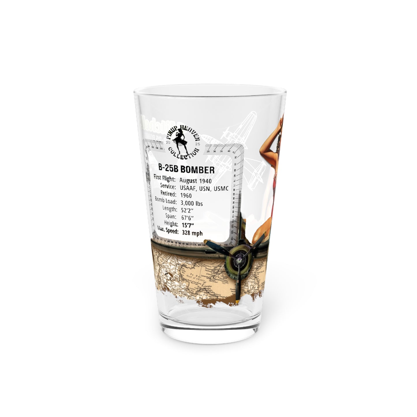 Vintage Military Pint, WWII B-25B Mitchell Bomber Plane & PinUp Art Gift for Collectors, Pilot, Fathers Day, Aviation Decor, 16oz Beer Glass