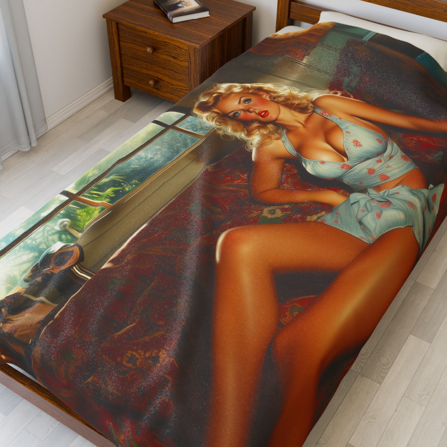 Velveteen Plush Blanket, Sunset Siren Vintage Pin-Up, Retro Glamour Throw, Cozy Soft Warmth, Americana Decor, Surfer Decor, Man Cave Decor
