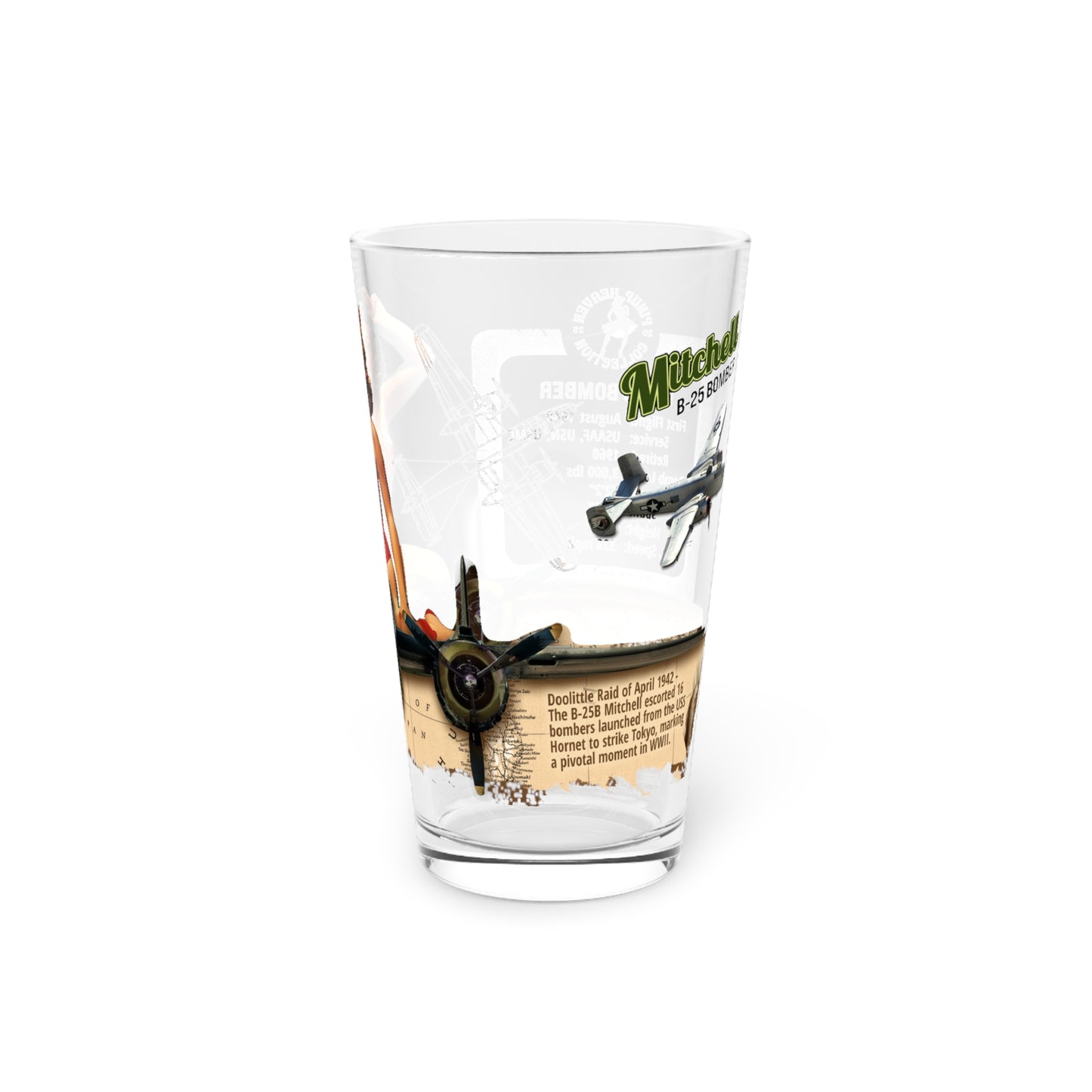 Vintage Military Pint, WWII B-25B Mitchell Bomber Plane & PinUp Art Gift for Collectors, Pilot, Fathers Day, Aviation Decor, 16oz Beer Glass