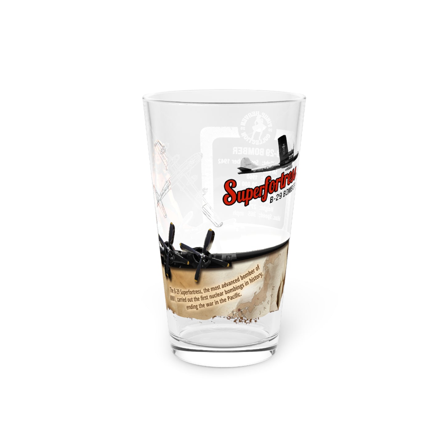 Vintage Military Pint, WWII B-29 Superfortress Bomber Plane & PinUp Art Gift for Collectors, Fathers Day, Aviation Decor, 16oz Beer Glass