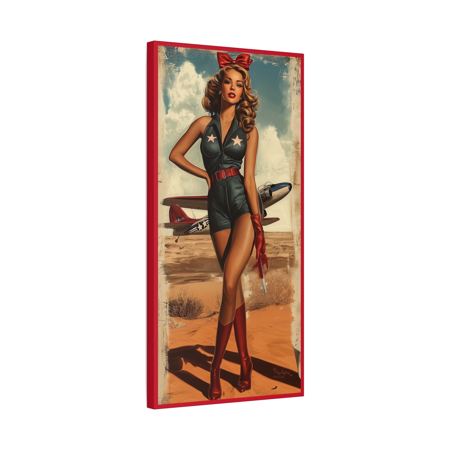Vintage Patriotic Pin-Up Canvas Art "Red Tails Tribute": Retro WWII Military Aviation Wall Decor, Veteran Gifts, USA Decor, Pilot Gifts