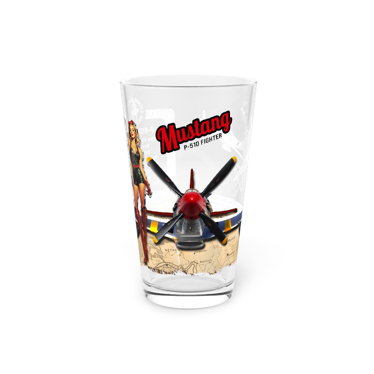 Vintage Military Pint, WWII P-51D Mustang Fighter Plane & PinUp Art Gift for Collectors, Pilot, Fathers Day, Aviation Decor, 16oz Beer Glass