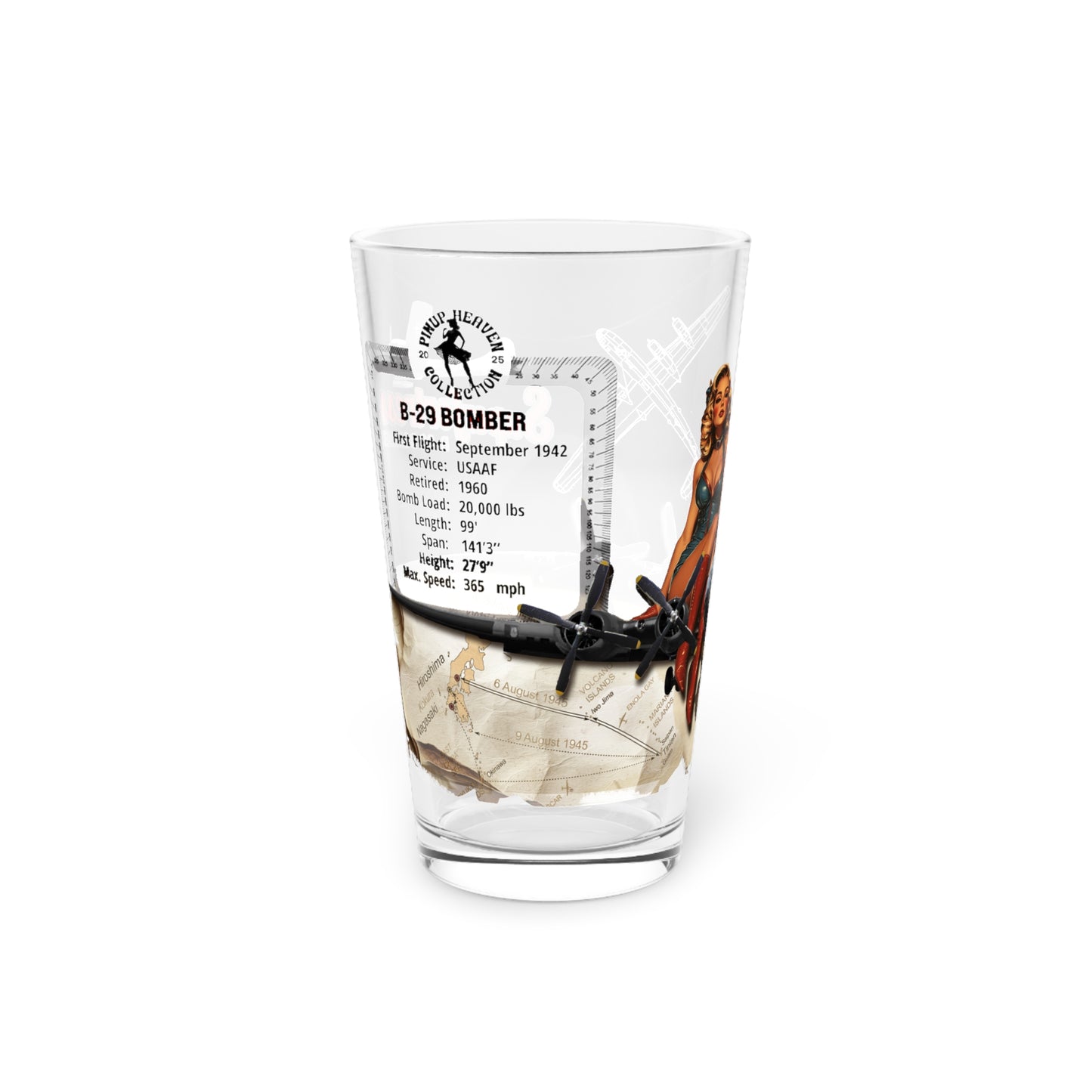 Vintage Military Pint, WWII B-29 Superfortress Bomber Plane & PinUp Art Gift for Collectors, Fathers Day, Aviation Decor, 16oz Beer Glass