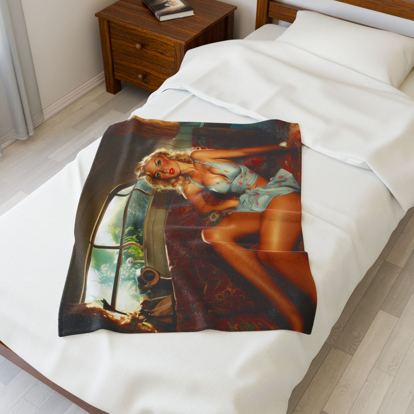 Velveteen Plush Blanket, Sunset Siren Vintage Pin-Up, Retro Glamour Throw, Cozy Soft Warmth, Americana Decor, Surfer Decor, Man Cave Decor