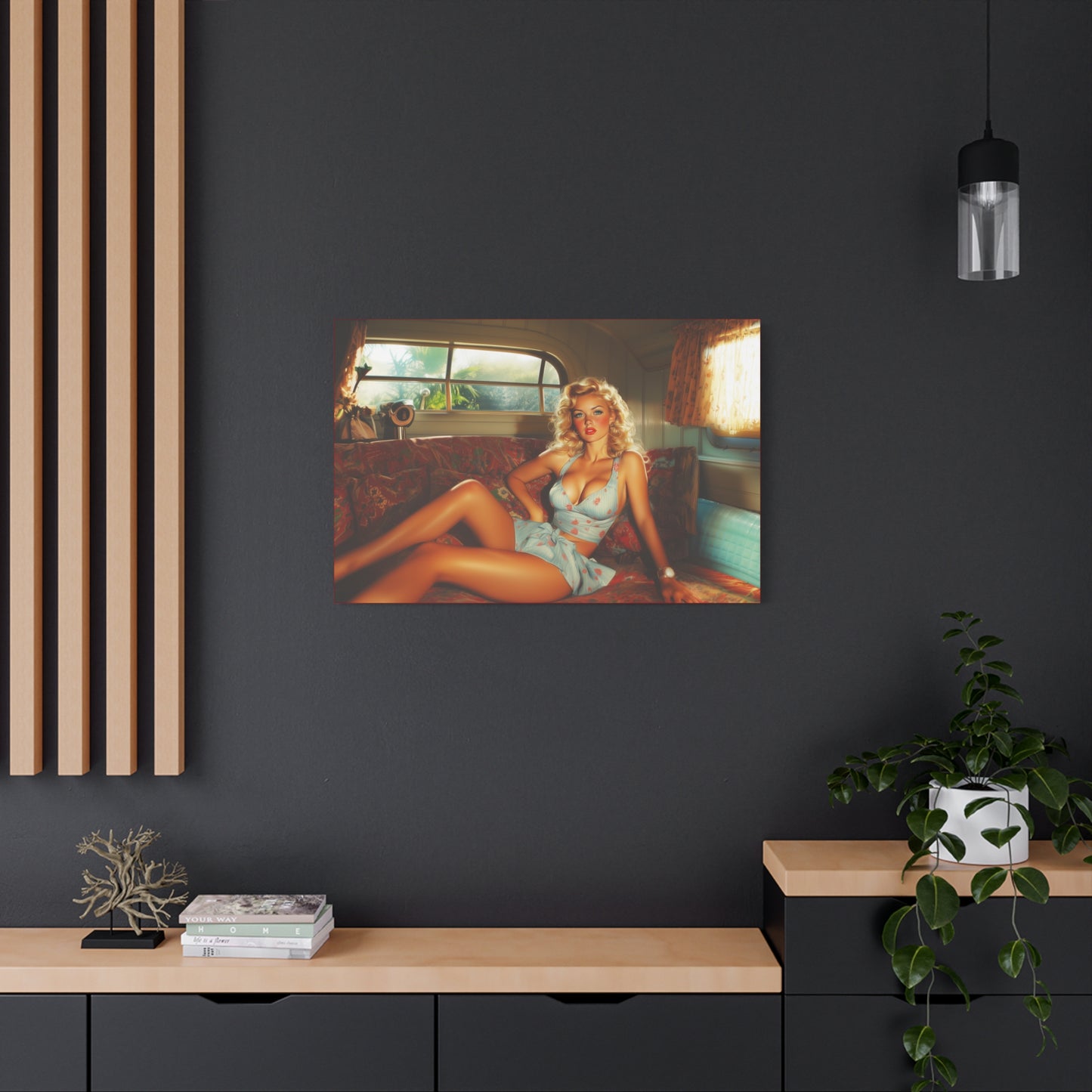 Vintage Pin-Up Canvas Art "Sunset Siren" Retro Glamour Wall Decor, Mid-Century Modern Art , Beach House Decor, Surfer Decor, Man Cave Decor