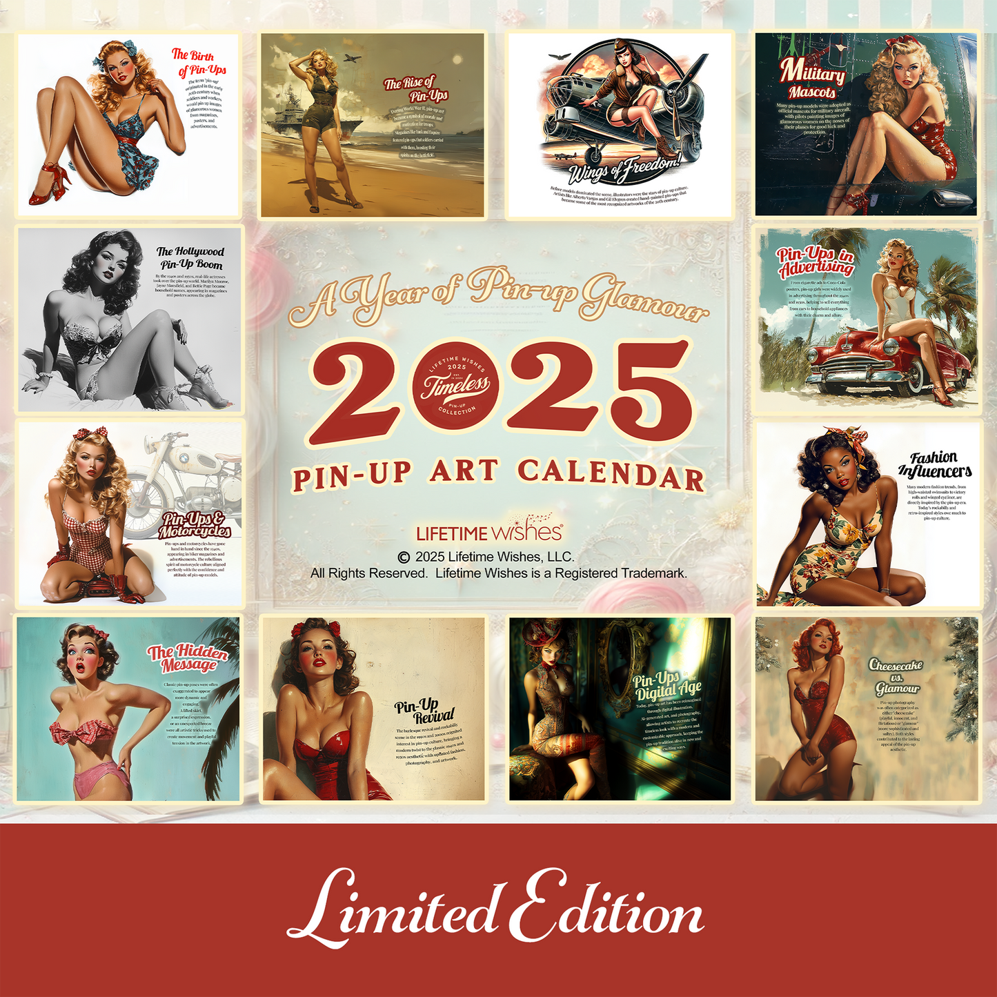 2025 PinUps Wall Calendar, Premium 14 x 11.5" Retro Pin-Up Girls Art History, Limited Edition Vintage Military Man Cave Decor, Vintage Gift