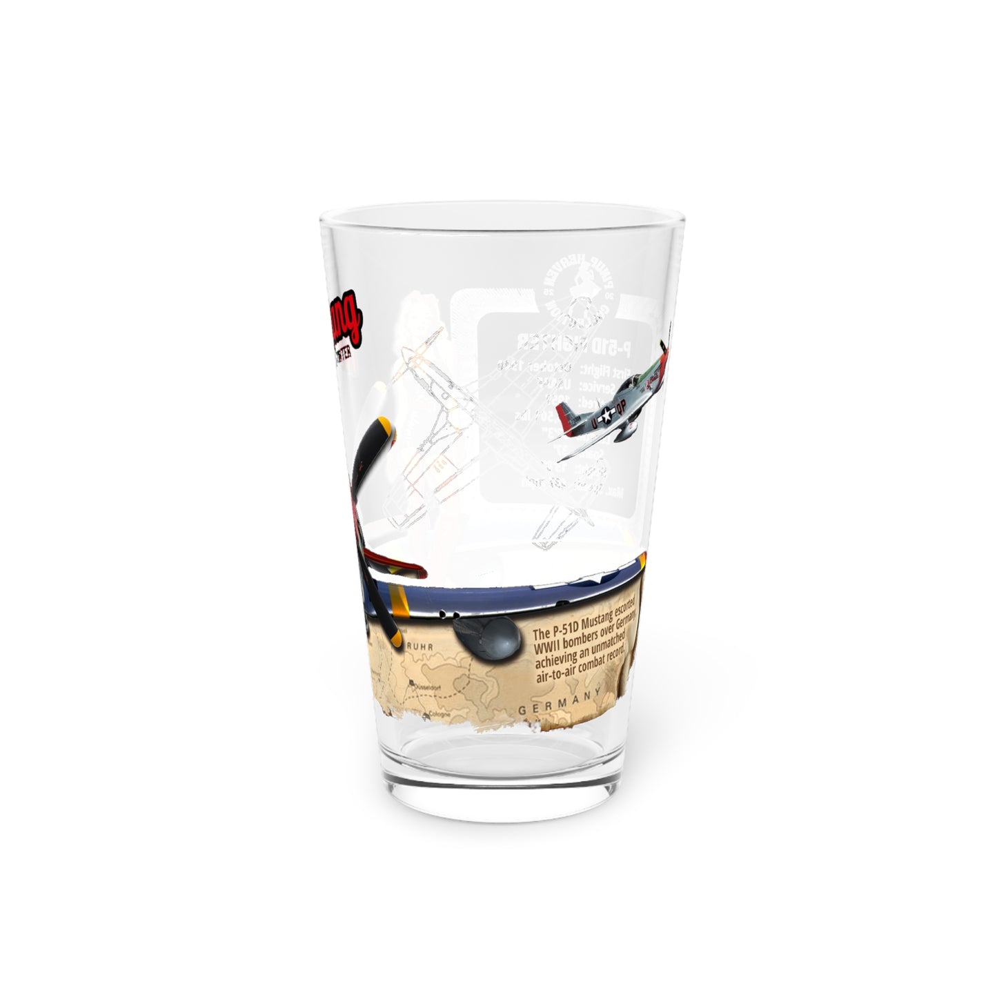 Vintage Military Pint, WWII P-51D Mustang Fighter Plane & PinUp Art Gift for Collectors, Pilot, Fathers Day, Aviation Decor, 16oz Beer Glass