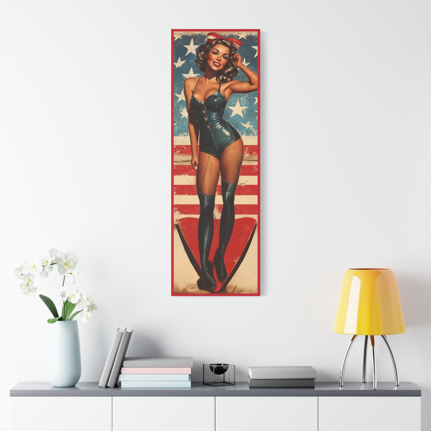 Vintage Patriotic Pin-Up Canvas Art - Stars & Stripes Sweetheart - Retro Aviation Wall Decor, WWII Nose Art, USA Home Decor, Gift for Him