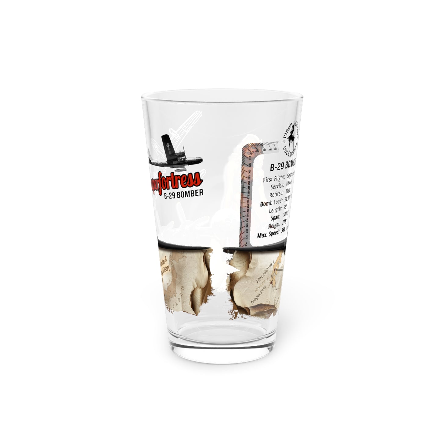 Vintage Military Pint, WWII B-29 Superfortress Bomber Plane & PinUp Art Gift for Collectors, Fathers Day, Aviation Decor, 16oz Beer Glass