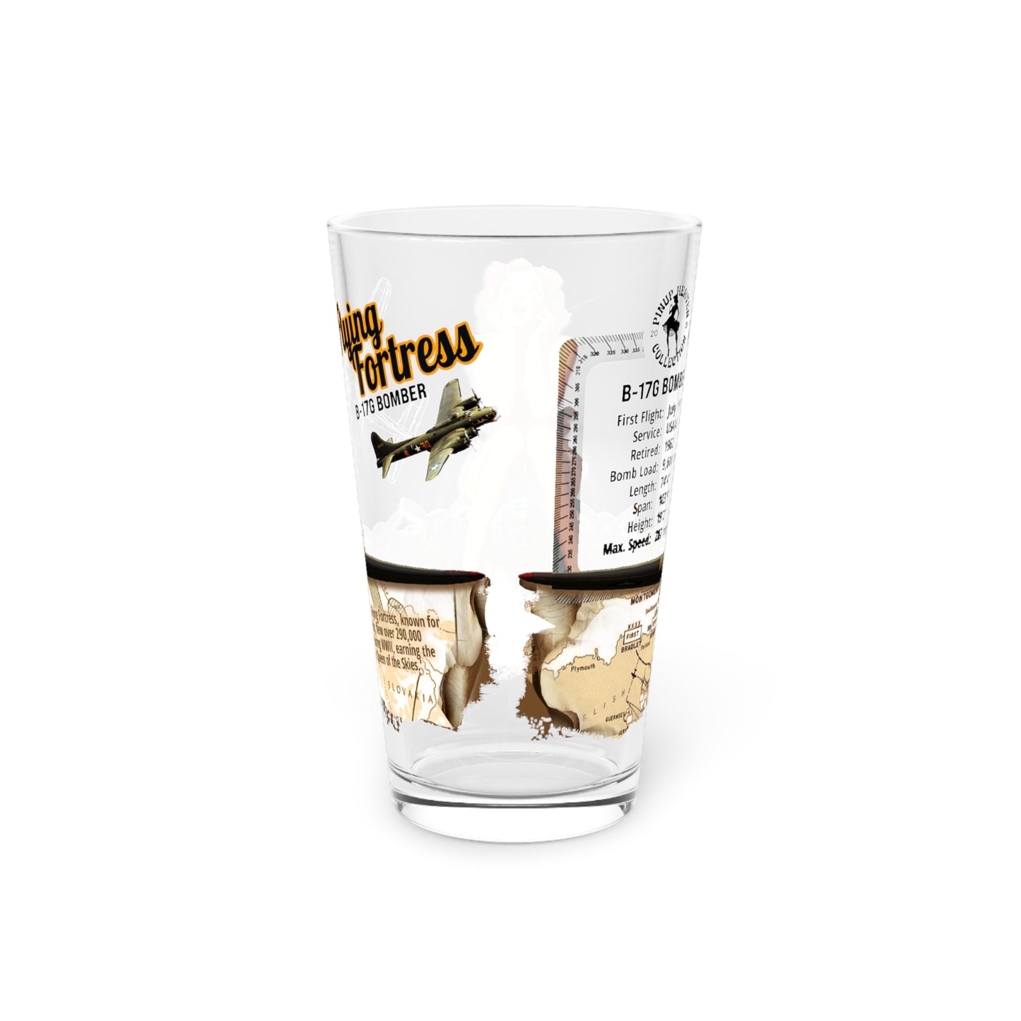 Vintage Military Pint, WWII B17 Flying Fortress Bomber Plane & PinUp Art Barware Pilot Collectors Gift, Aviation Decor, 16oz Beer Glass