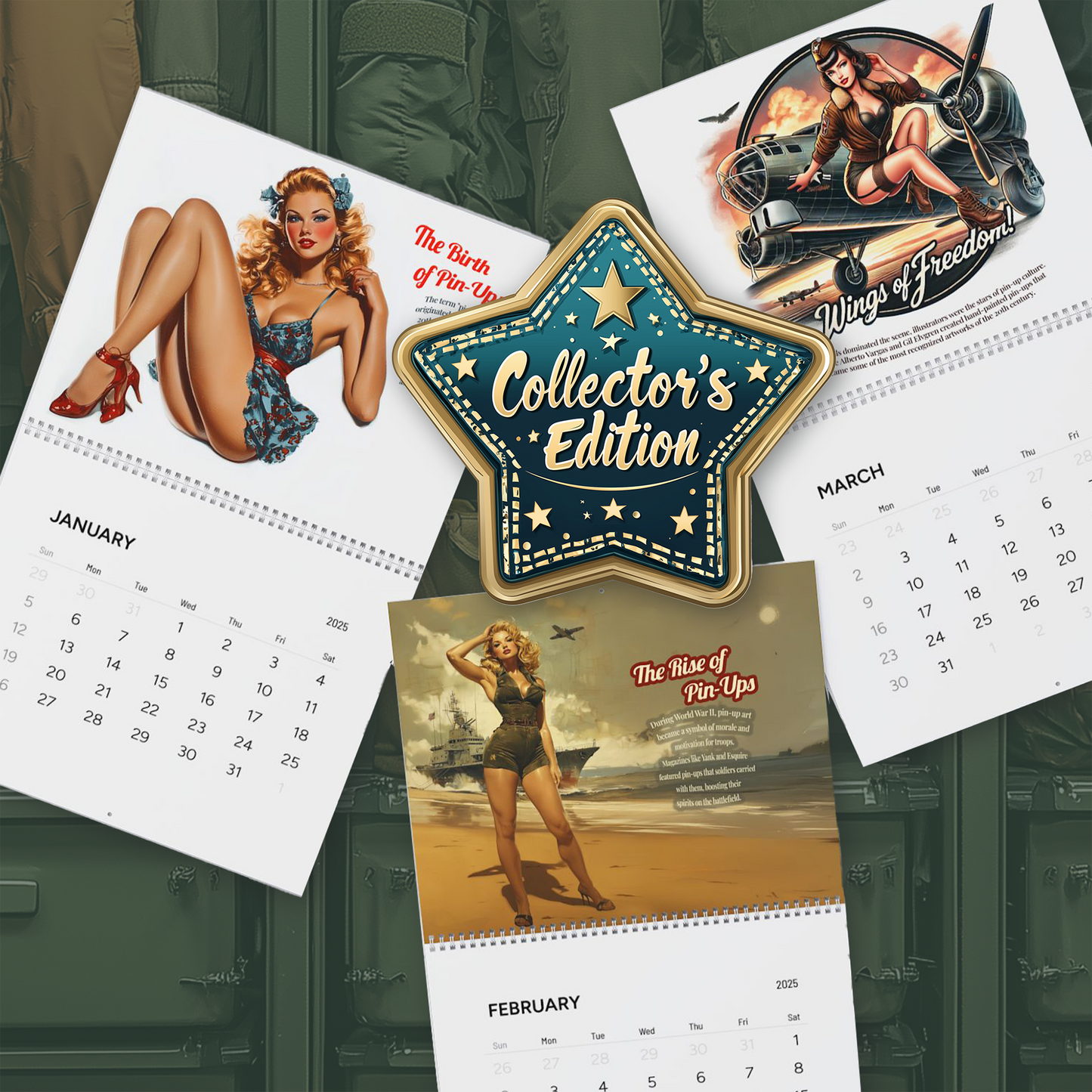 2025 PinUps Wall Calendar, Premium 14 x 11.5" Retro Pin-Up Girls Art History, Limited Edition Vintage Military Man Cave Decor, Vintage Gift