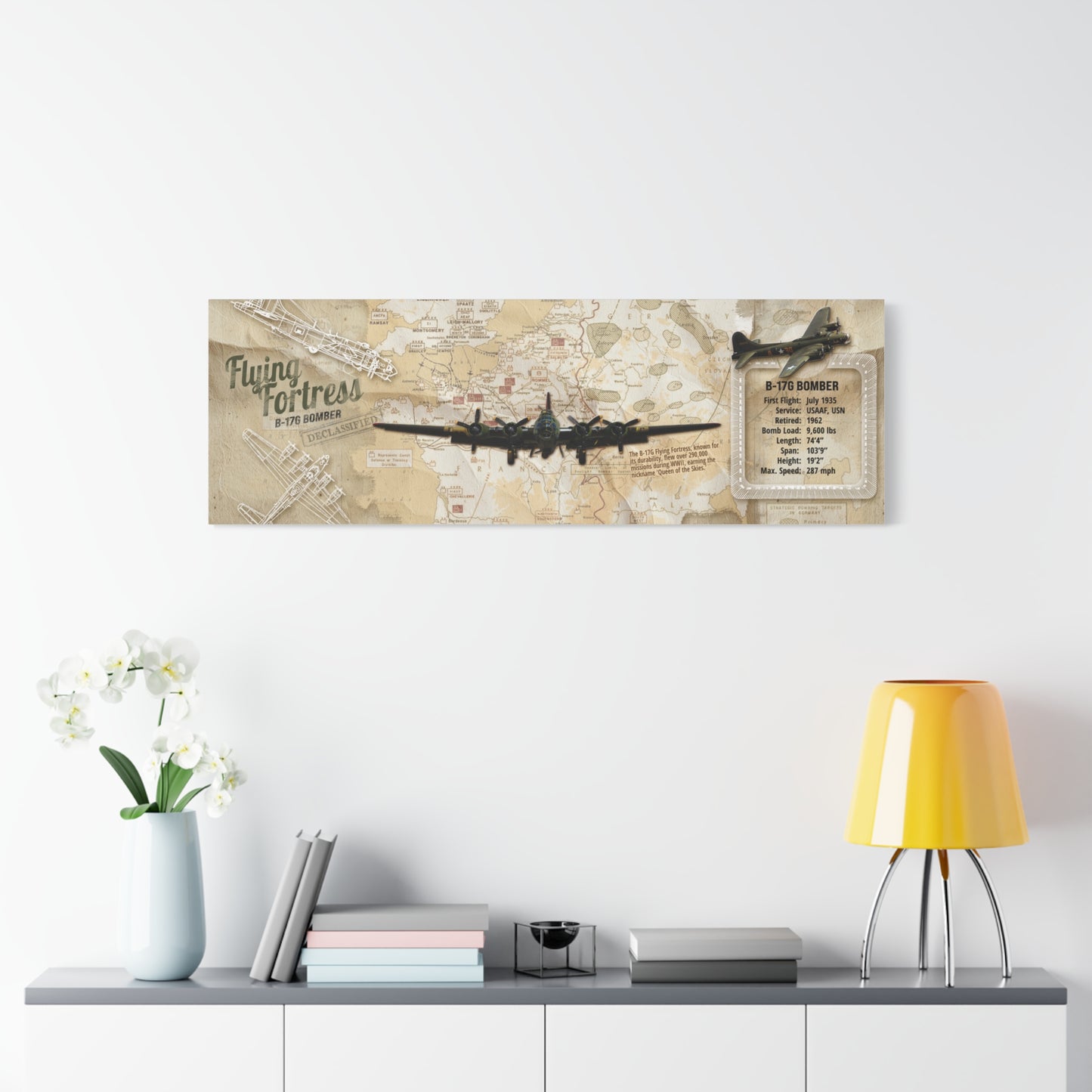 Vintage Aviation Wall Decor, Retro WWII Canvas "B-17 Bomber Aircraft" USA Decor, Veteran Pilot Gifts, Patriotic Print, Man Cave Decor