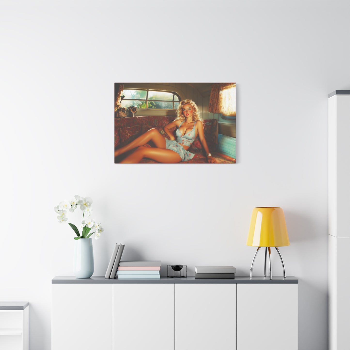 Vintage Pin-Up Canvas Art "Sunset Siren" Retro Glamour Wall Decor, Mid-Century Modern Art , Beach House Decor, Surfer Decor, Man Cave Decor