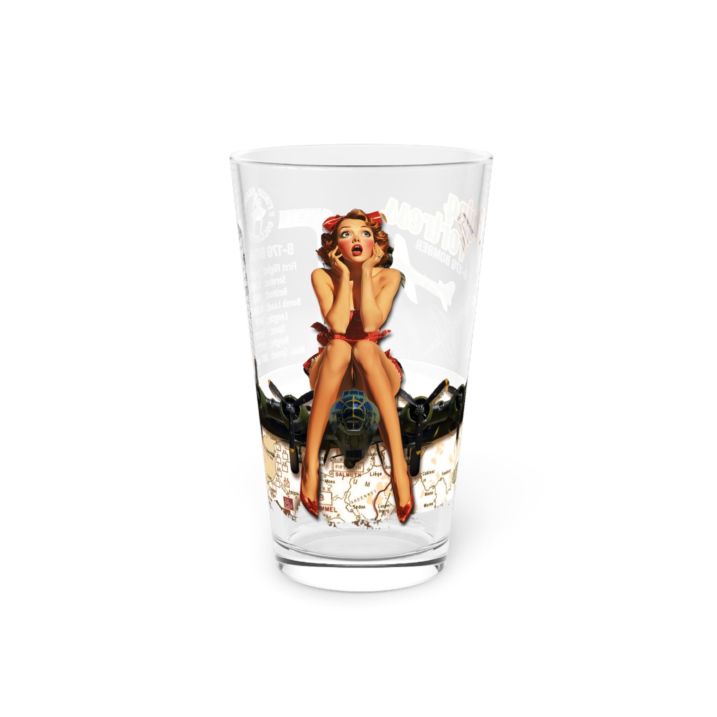 Vintage Military Pint, WWII B17 Flying Fortress Bomber Plane & PinUp Art Barware Pilot Collectors Gift, Aviation Decor, 16oz Beer Glass