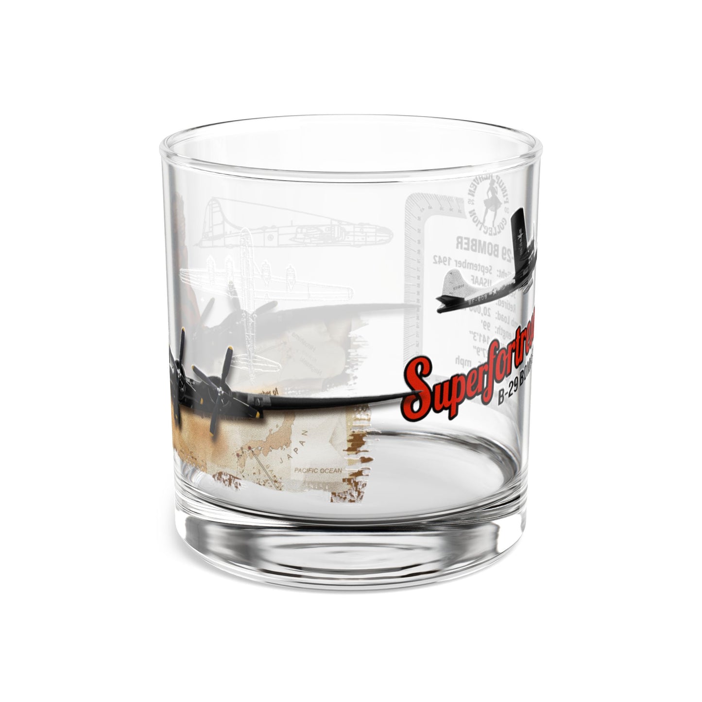 Whiskey Glass, Vintage WWII B-29 Bomber Aviation Gift, Bourbon Old Fashion, Man Cave, Military Veteran Pilot Retirement Gift for Him 10oz