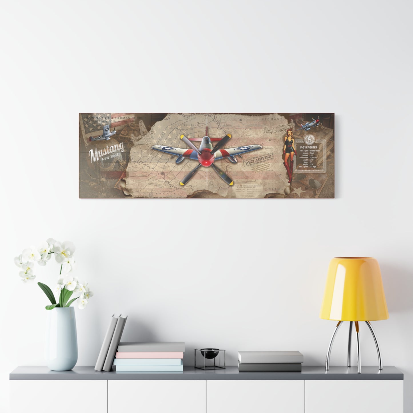 Vintage P-51 Mustang Pin-Up Canvas Art , WWII Aviation Wall Art, Patriotic Military Decor, Man Cave Decor, Pilot Gifts, USA Retro Home Decor