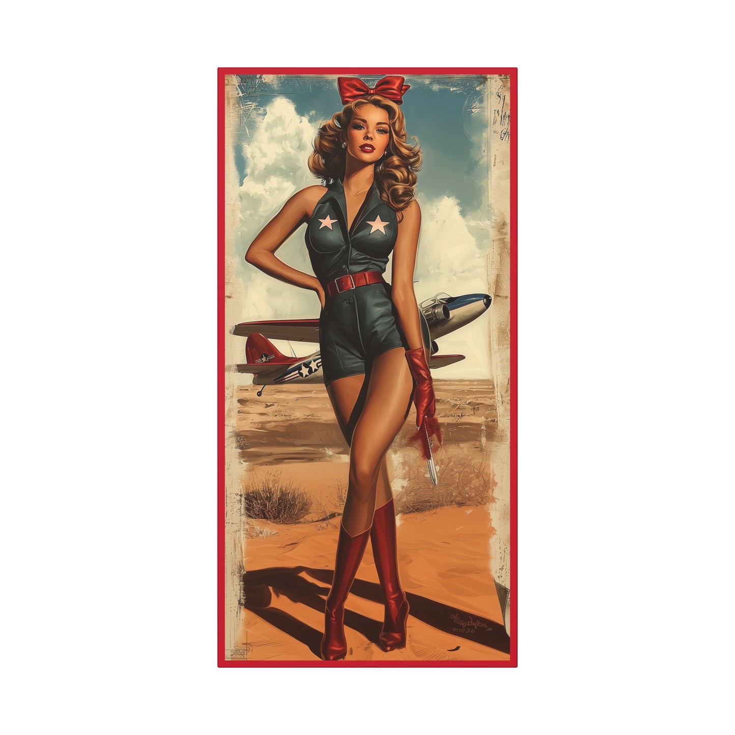 Vintage Patriotic Pin-Up Canvas Art "Red Tails Tribute": Retro WWII Military Aviation Wall Decor, Veteran Gifts, USA Decor, Pilot Gifts