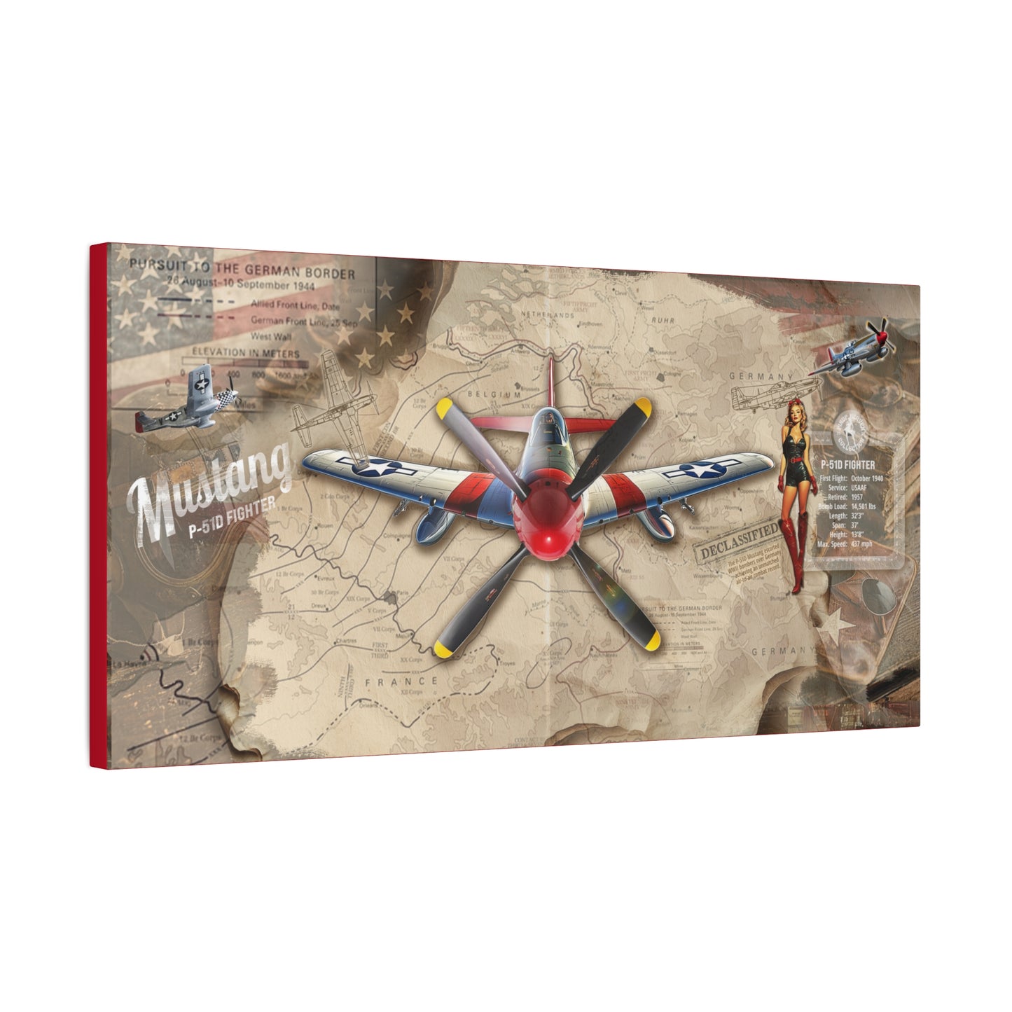 Vintage P-51 Mustang Pin-Up Canvas Art , WWII Aviation Wall Art, Patriotic Military Decor, Man Cave Decor, Pilot Gifts, USA Retro Home Decor