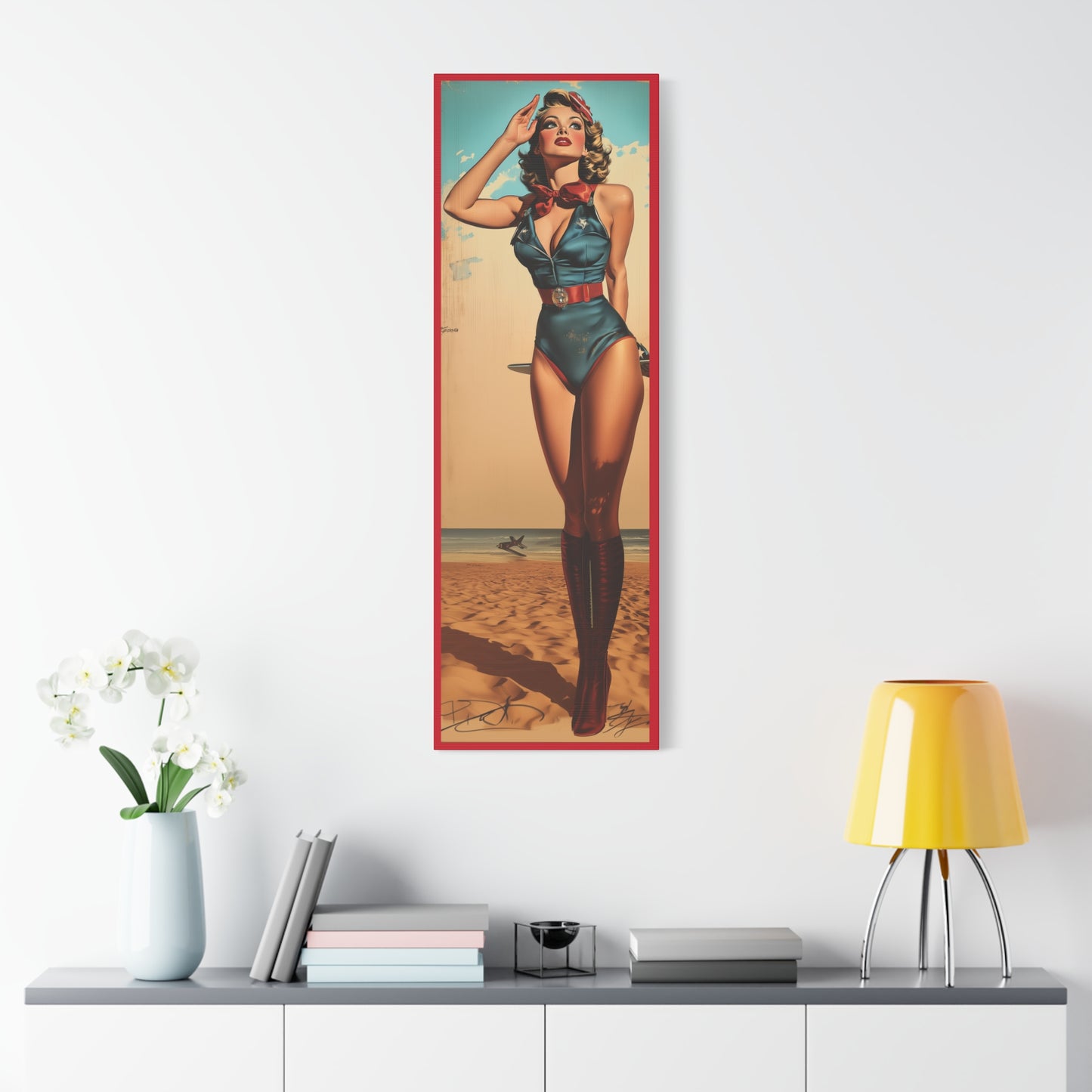 Vintage Patriotic Pin-Up Canvas Art - Sands of Valor - Retro Aviation Wall Decor, WWII Nose Art, Vintage Americana Home Decor, Gift for Him