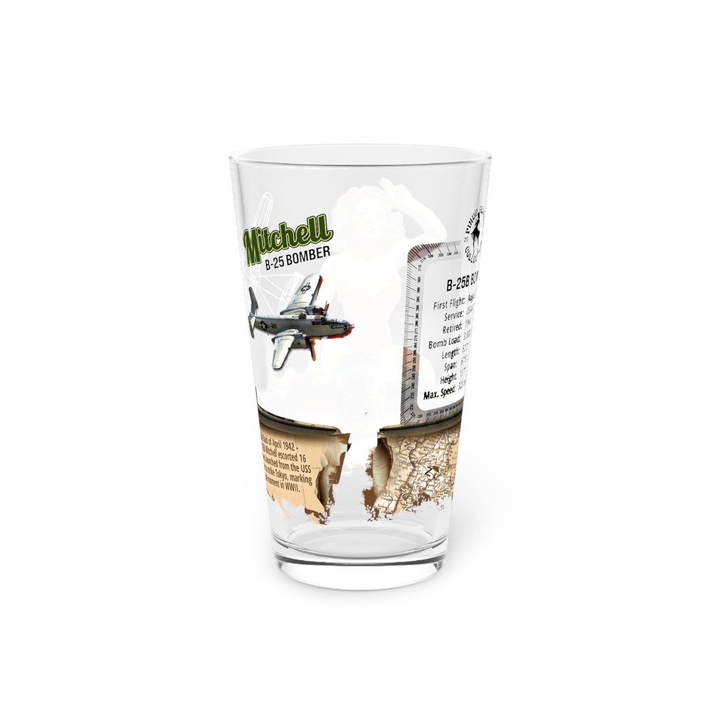 Vintage Military Pint, WWII B-25B Mitchell Bomber Plane & PinUp Art Gift for Collectors, Pilot, Fathers Day, Aviation Decor, 16oz Beer Glass