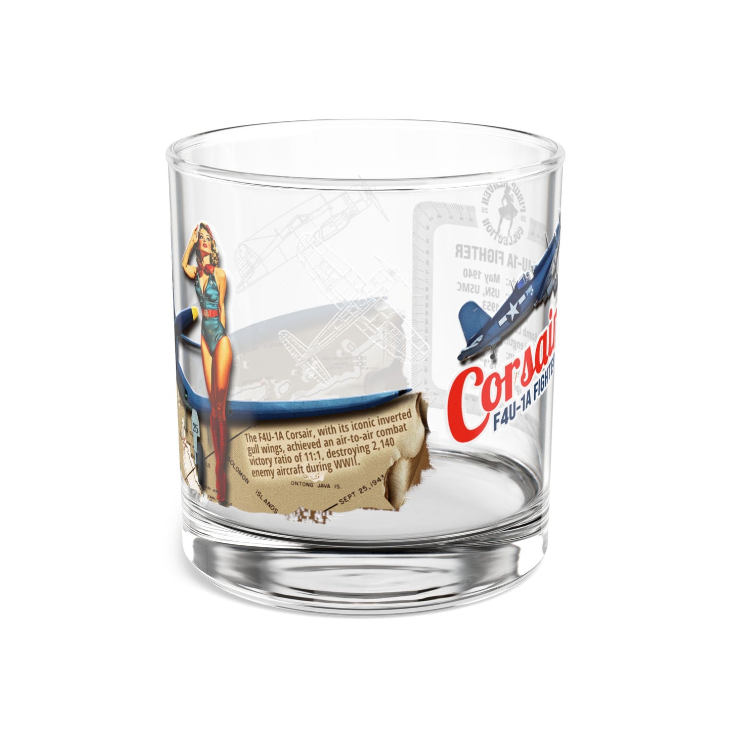 Whiskey Glass, Vintage WWII F4U Corsair Aviation Gift, Bourbon Old Fashion, Man Cave, Military Veteran Pilot Retirement Gift for Him 10oz