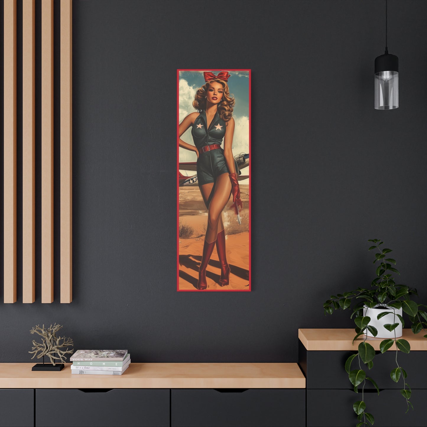 Vintage Patriotic Pin-Up Canvas Art "Red Tails Tribute": Retro WWII Military Aviation Wall Decor, Veteran Gifts, USA Decor, Pilot Gifts