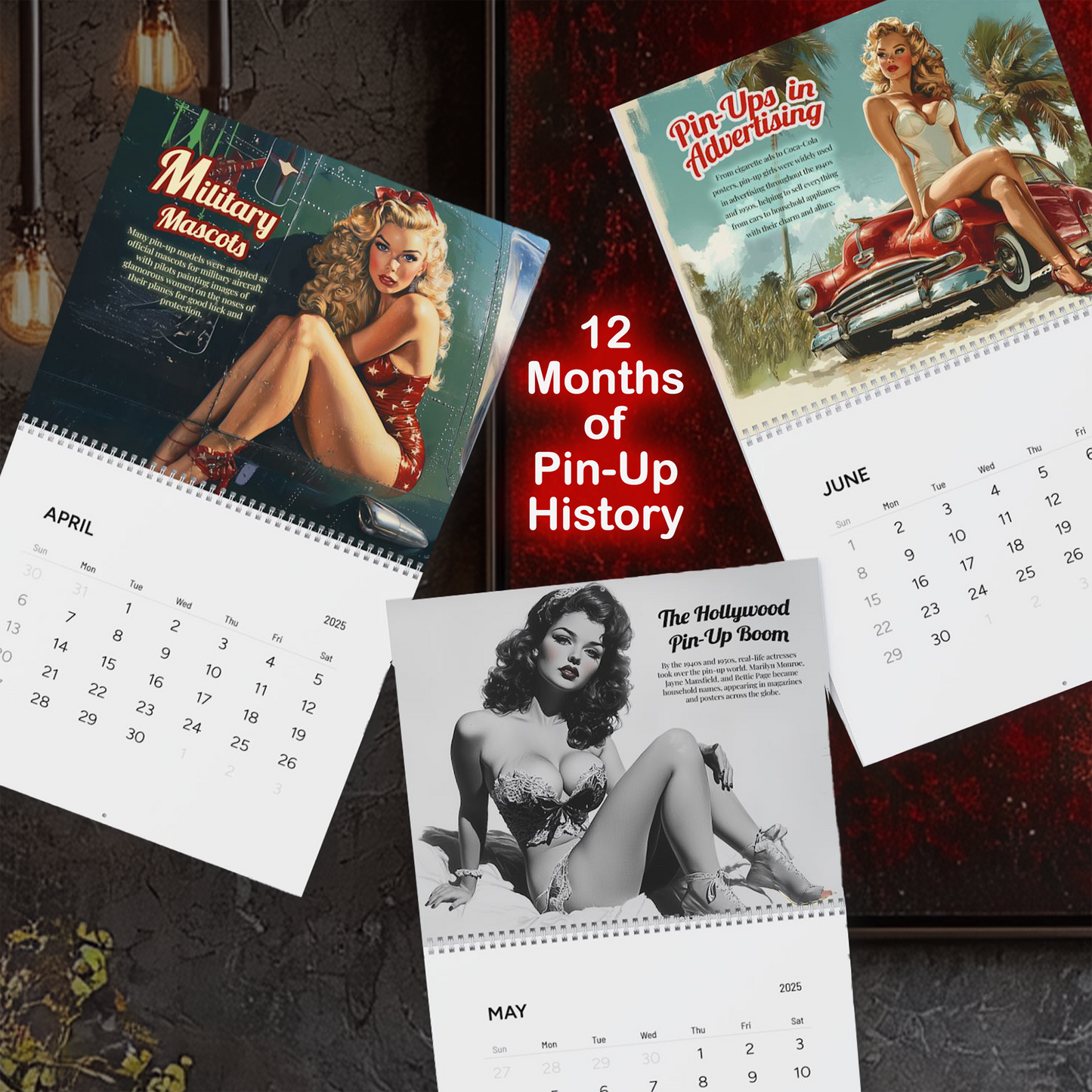 2025 PinUps Wall Calendar, Premium 14 x 11.5" Retro Pin-Up Girls Art History, Limited Edition Vintage Military Man Cave Decor, Vintage Gift