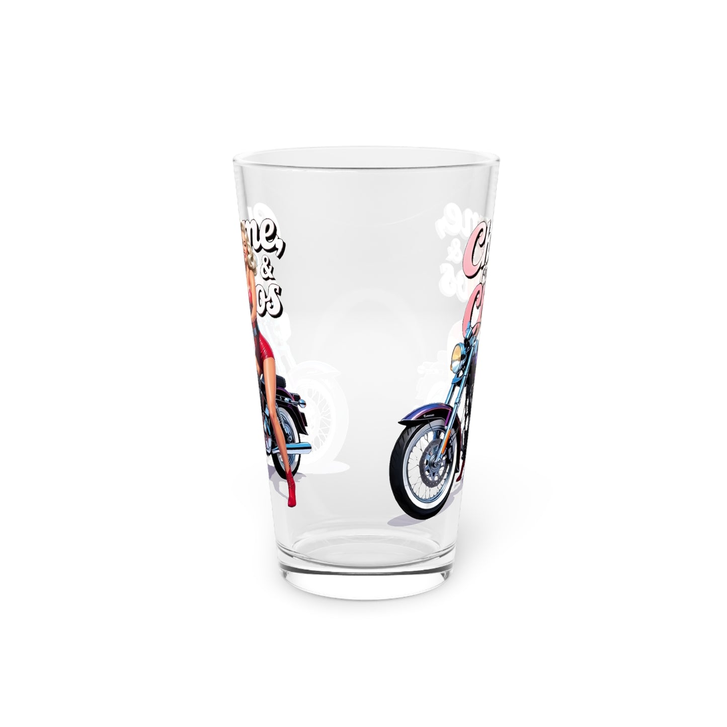 Pinup Pint Glass – Curves, Chrome & Chaos Biker Babe | Motorcycle Lover Gift, Vintage-Style Drinkware, Unique Beer Glass, Cool Barware