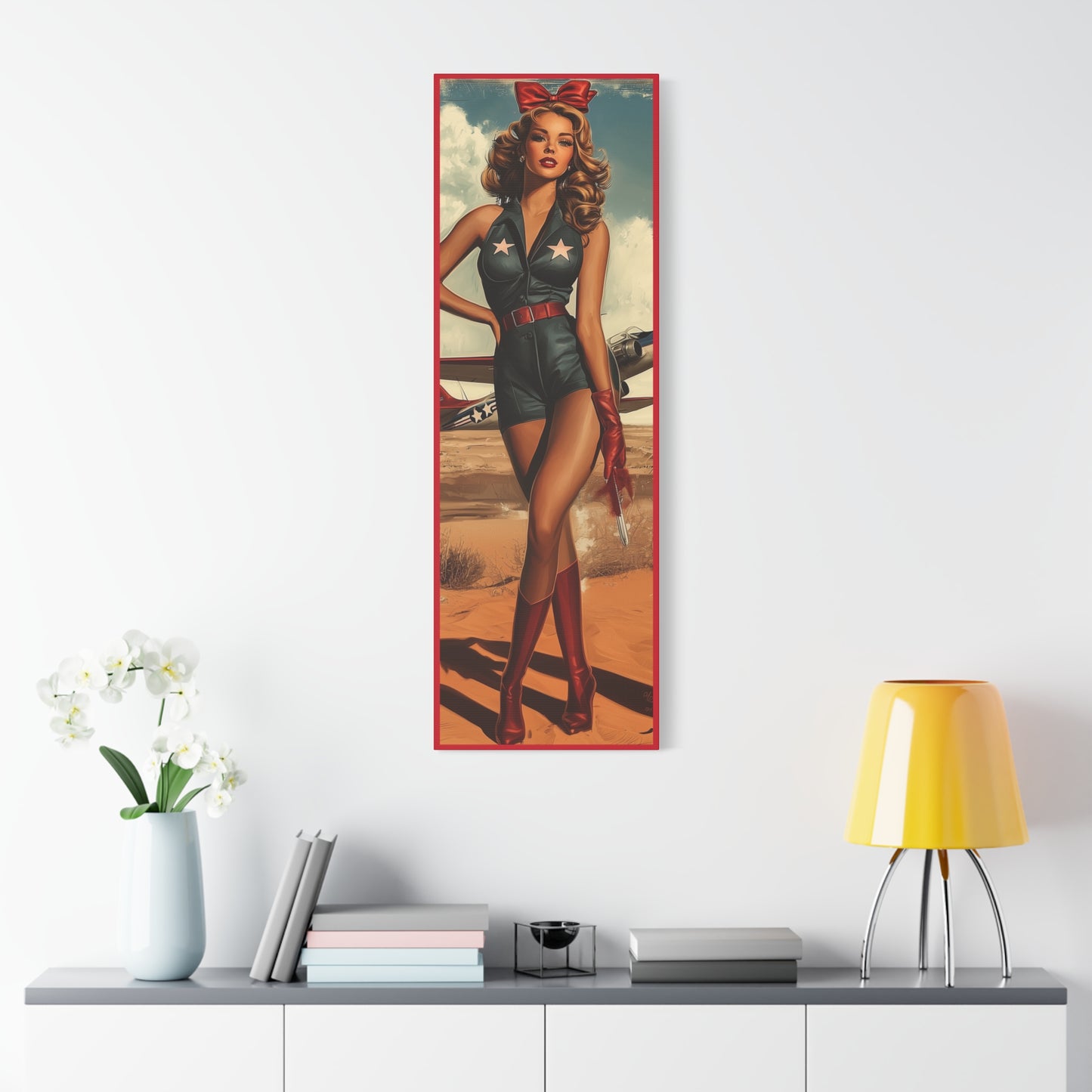 Vintage Patriotic Pin-Up Canvas Art "Red Tails Tribute": Retro WWII Military Aviation Wall Decor, Veteran Gifts, USA Decor, Pilot Gifts